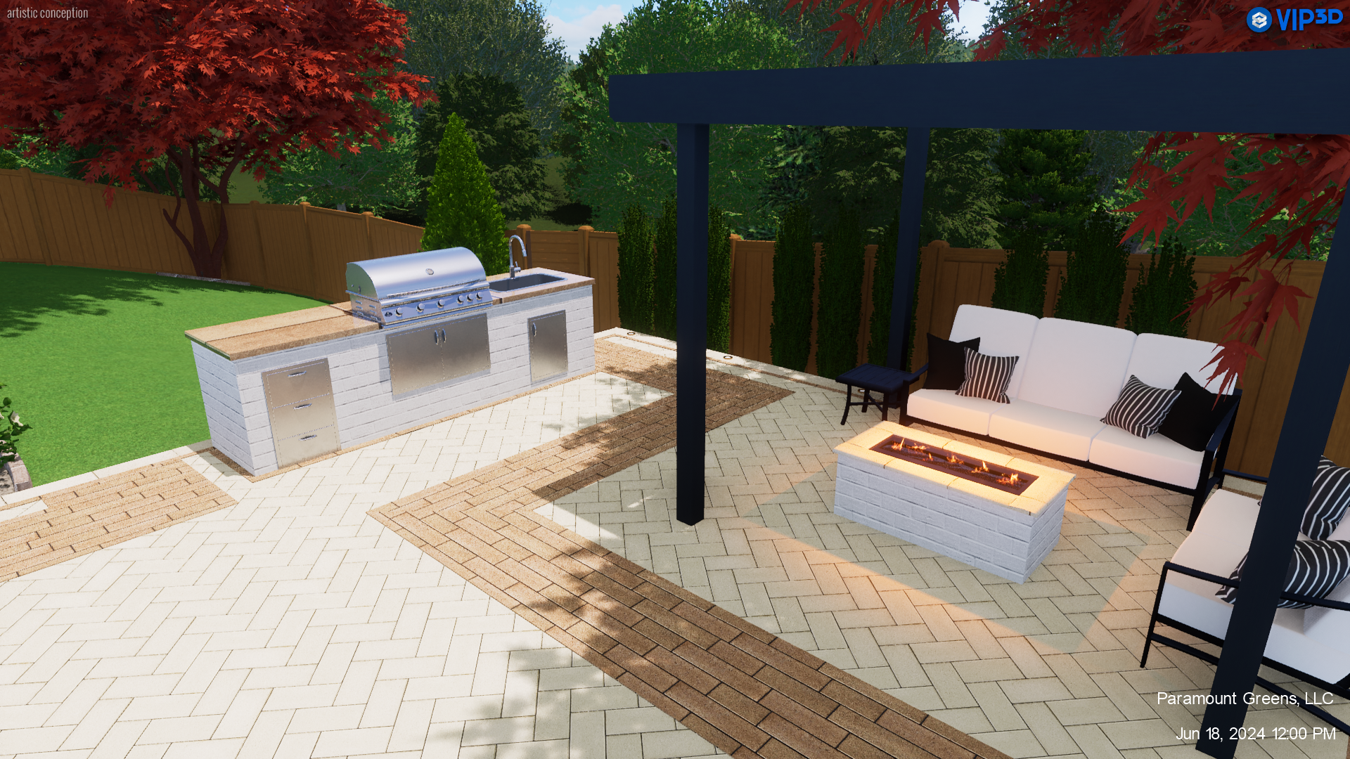 Pergola-covered outdoor kitchen with paver patio in Wade Hampton, SC