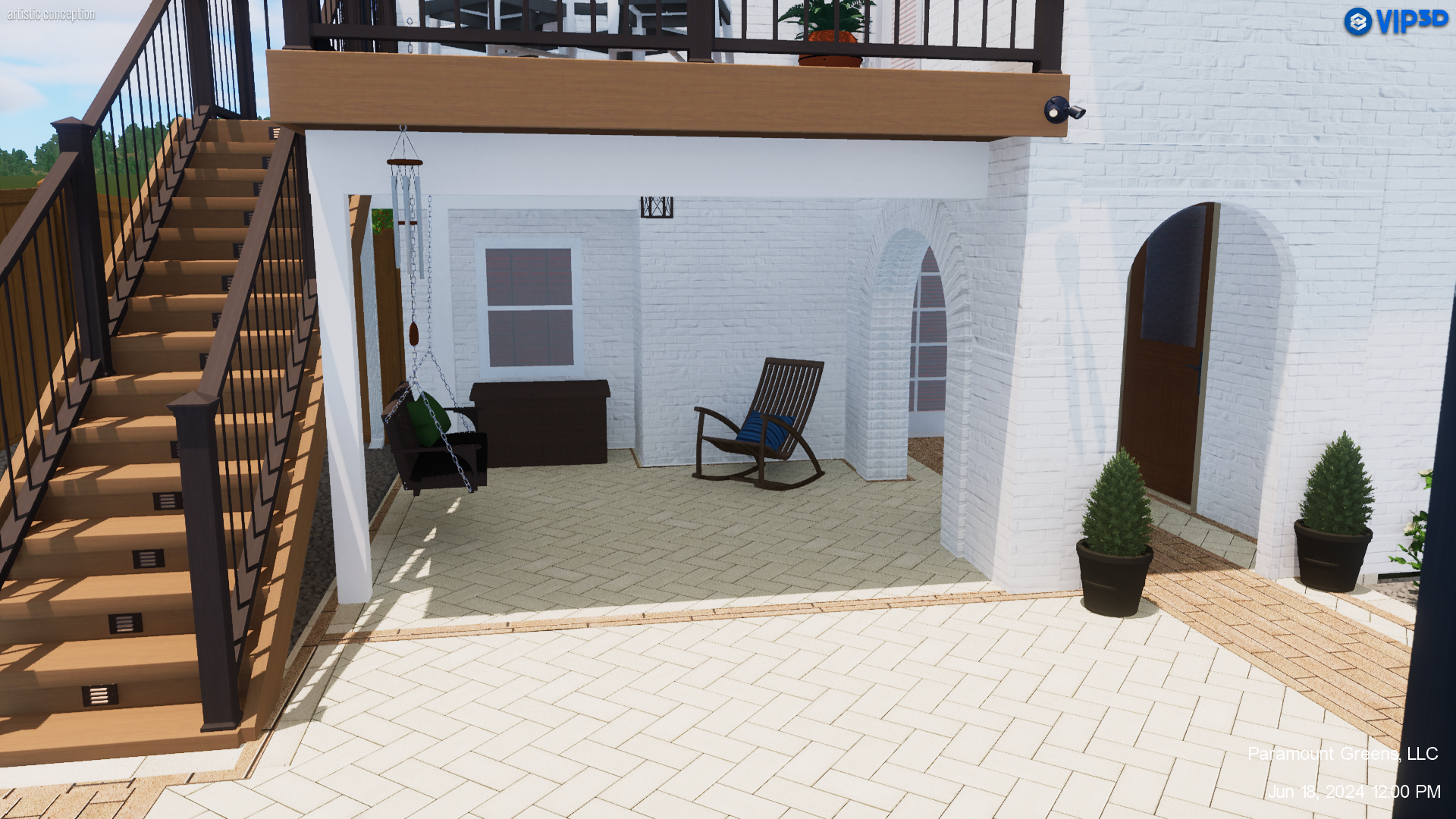 Lower-level patio with outdoor kitchen and stairs in Greenville, SC