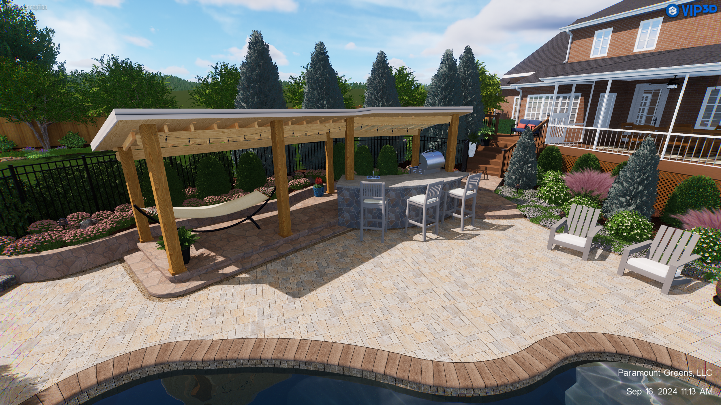 Poolside pergola with outdoor seating in Greer, SC
