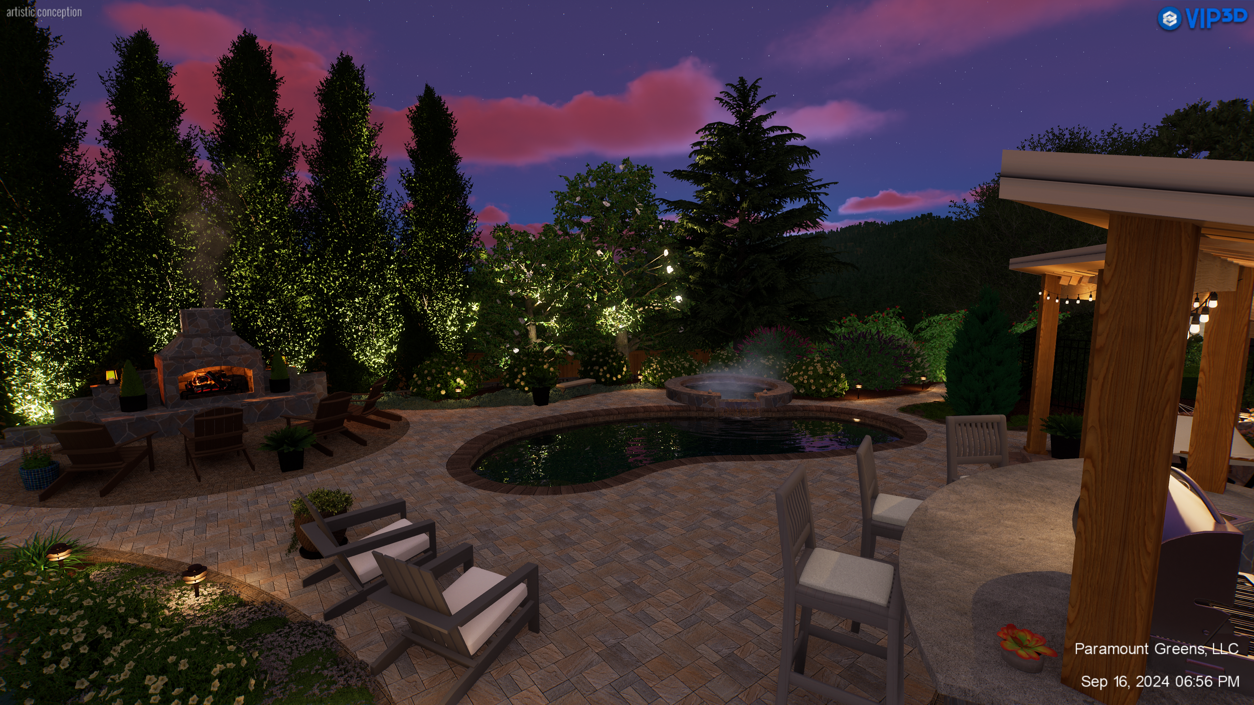 Sunset view of pergola seating area on paver patio in Greenville, SC