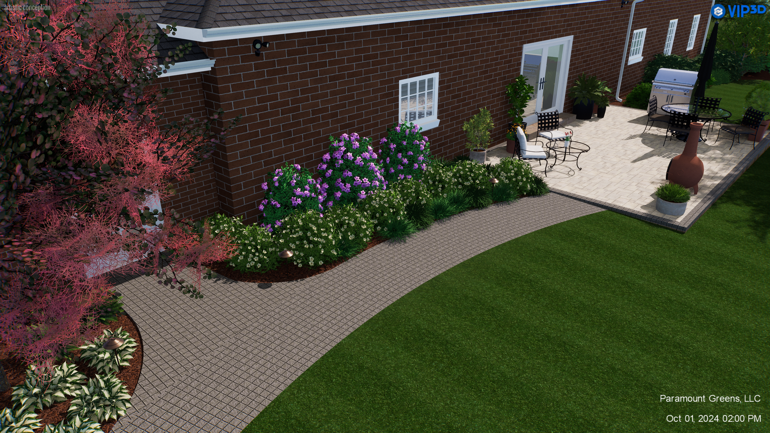 Backyard with paver patio and flower beds in Greenville, SC