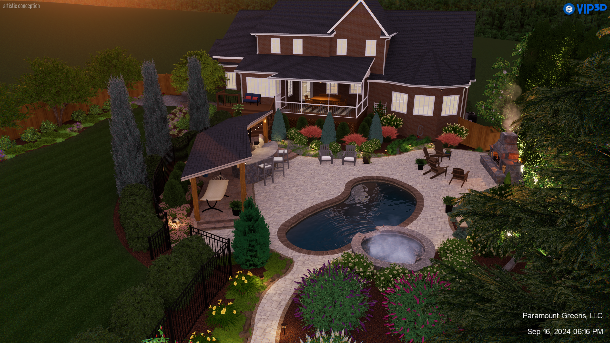 Backyard poolscape with outdoor lighting in Greer, SC