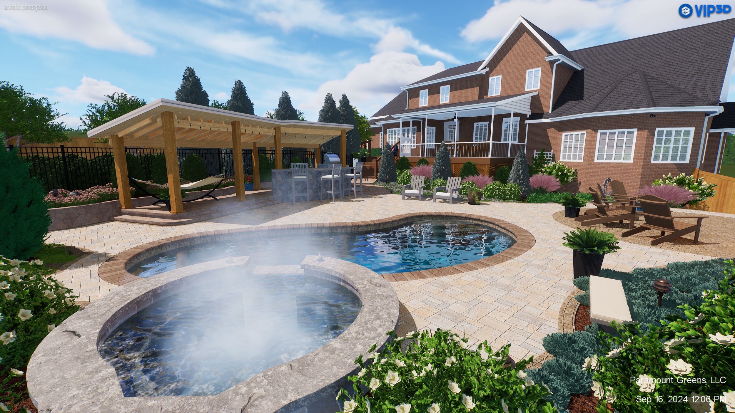 Raised spa and pool with surrounding paver patio in Wade Hampton, SC