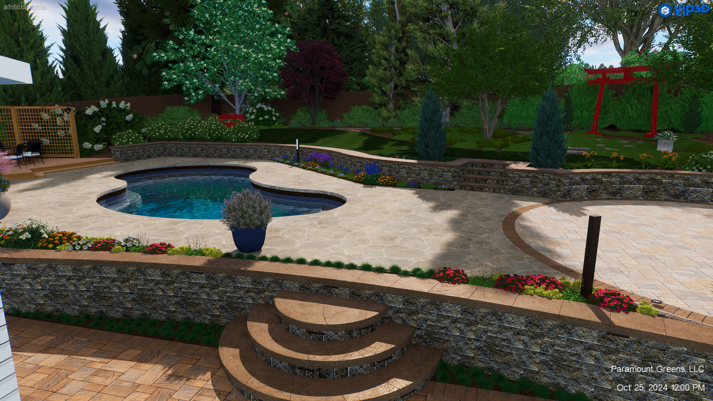 Poolside landscape design with stone steps and spa in Wade Hampton, SC