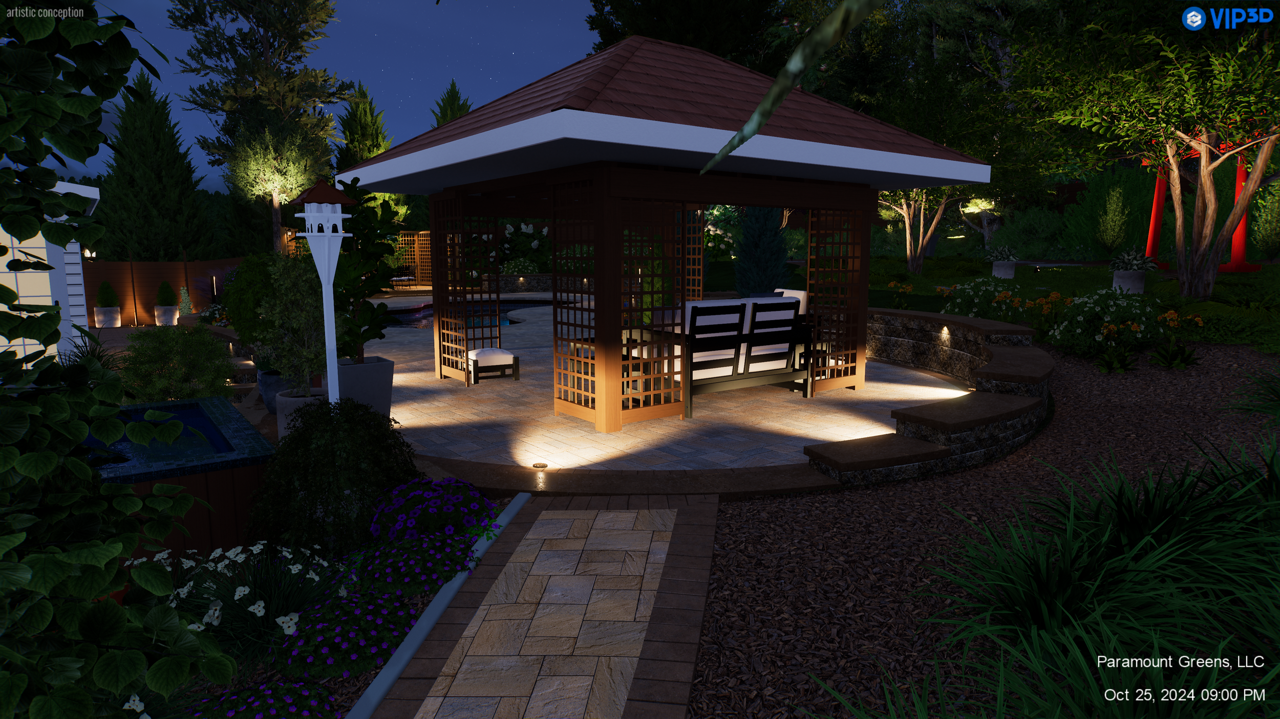 Evening pergola and outdoor kitchen with paver patio in Greenville, SC