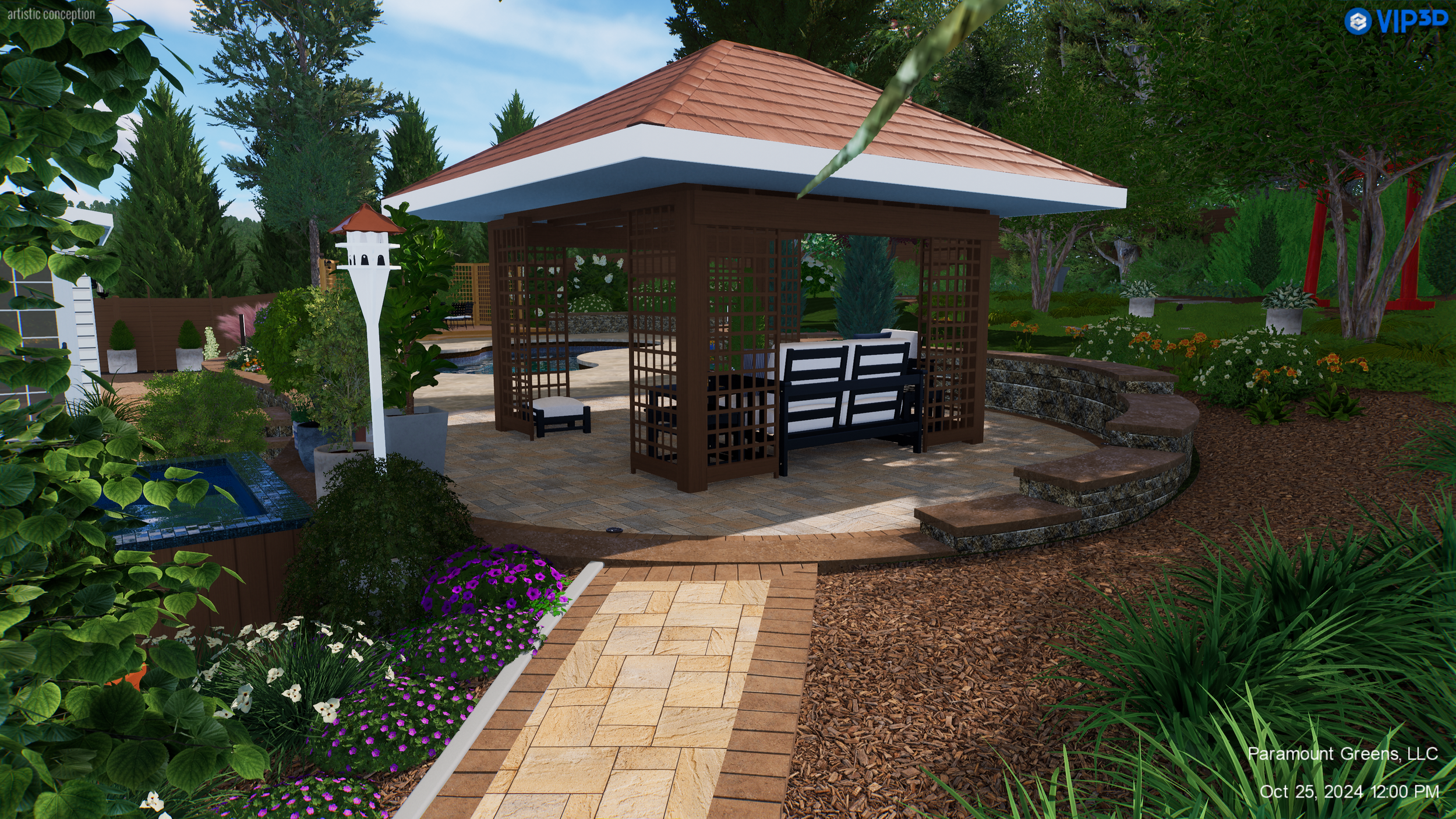 Outdoor kitchen and pergola with surrounding landscape design in Greenville, SC