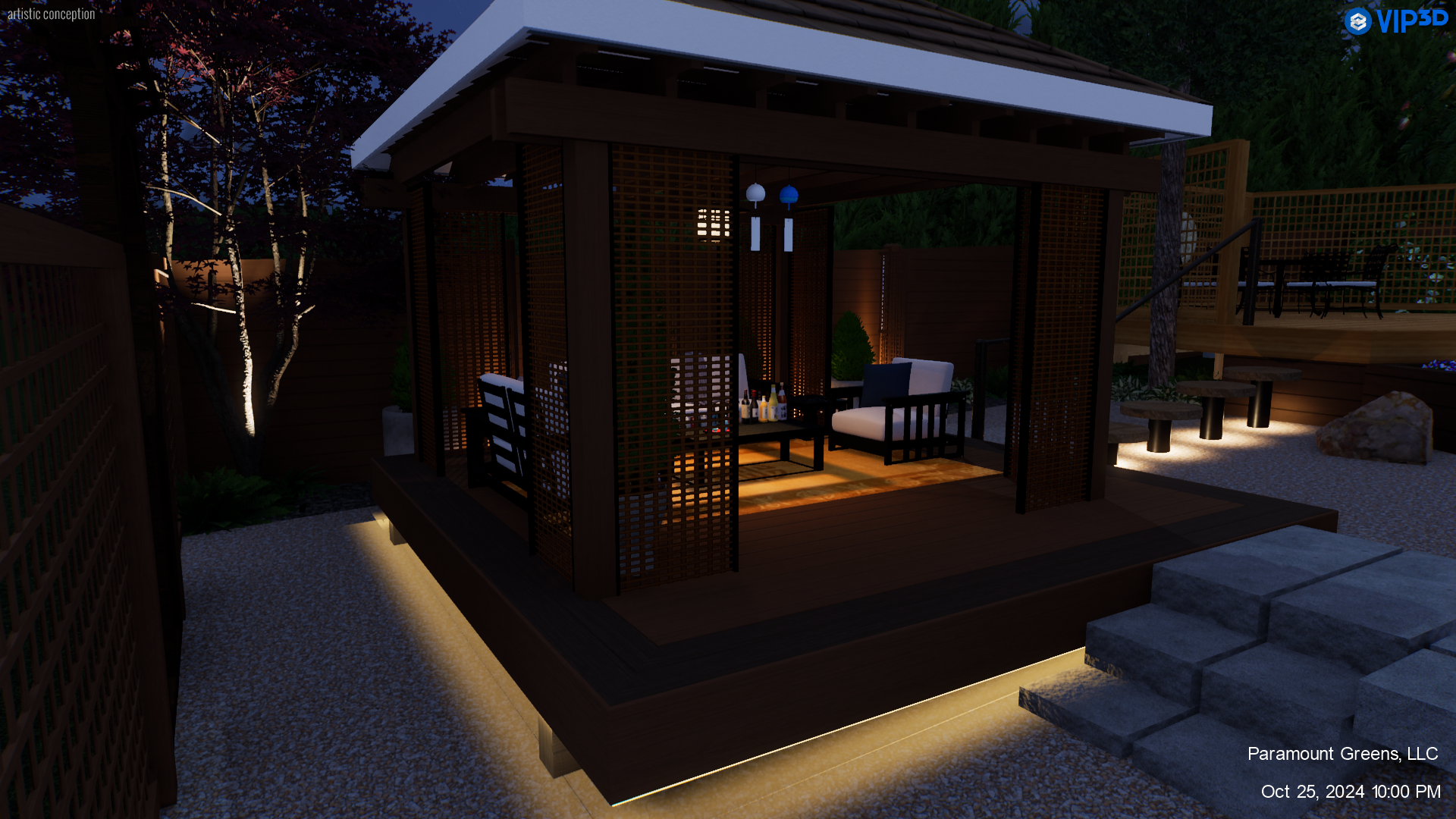 Evening view of pergola and outdoor lighting in Greenville, SC