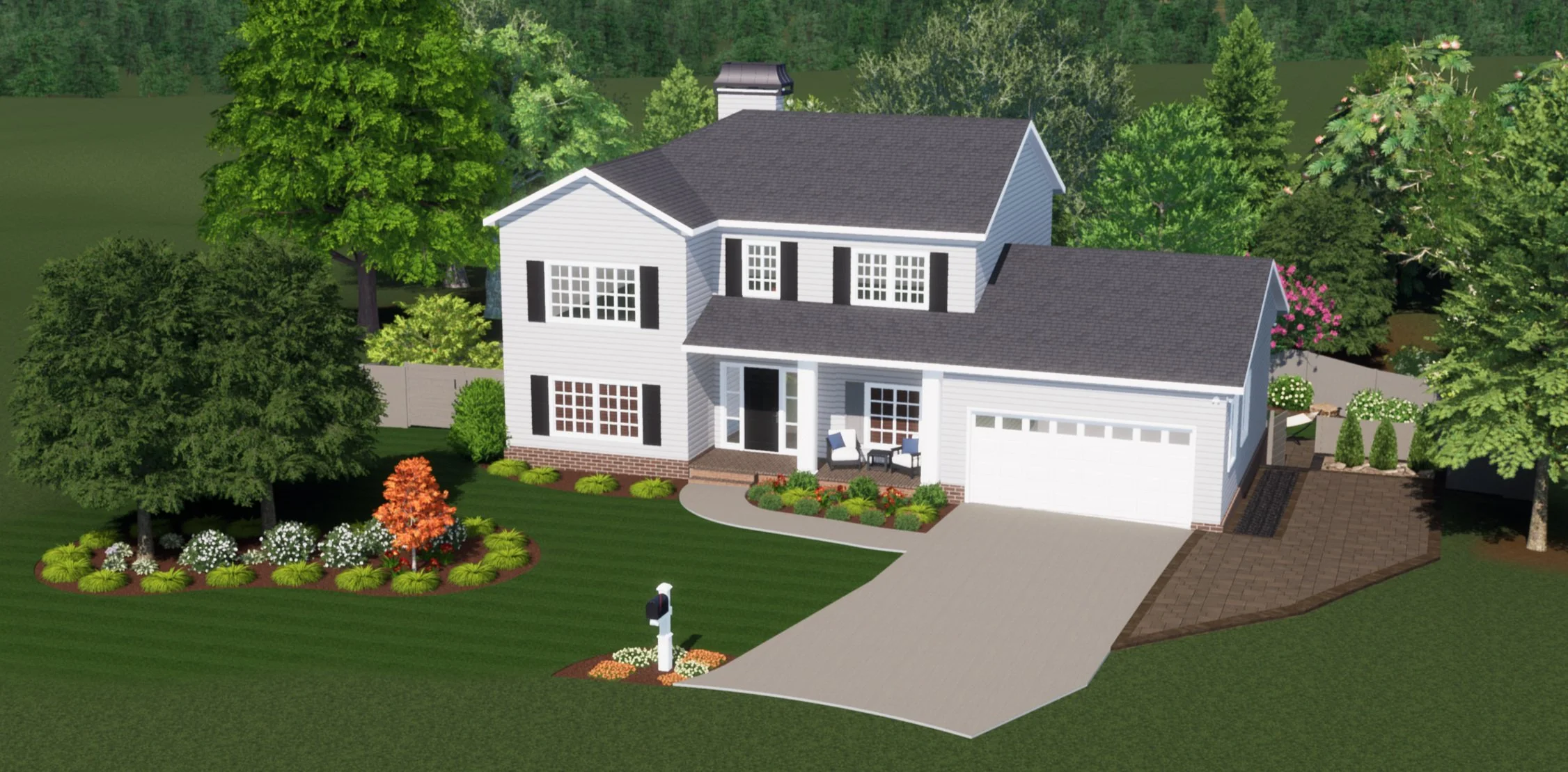 3D rendering of front yard landscape plan in Greenville, SC