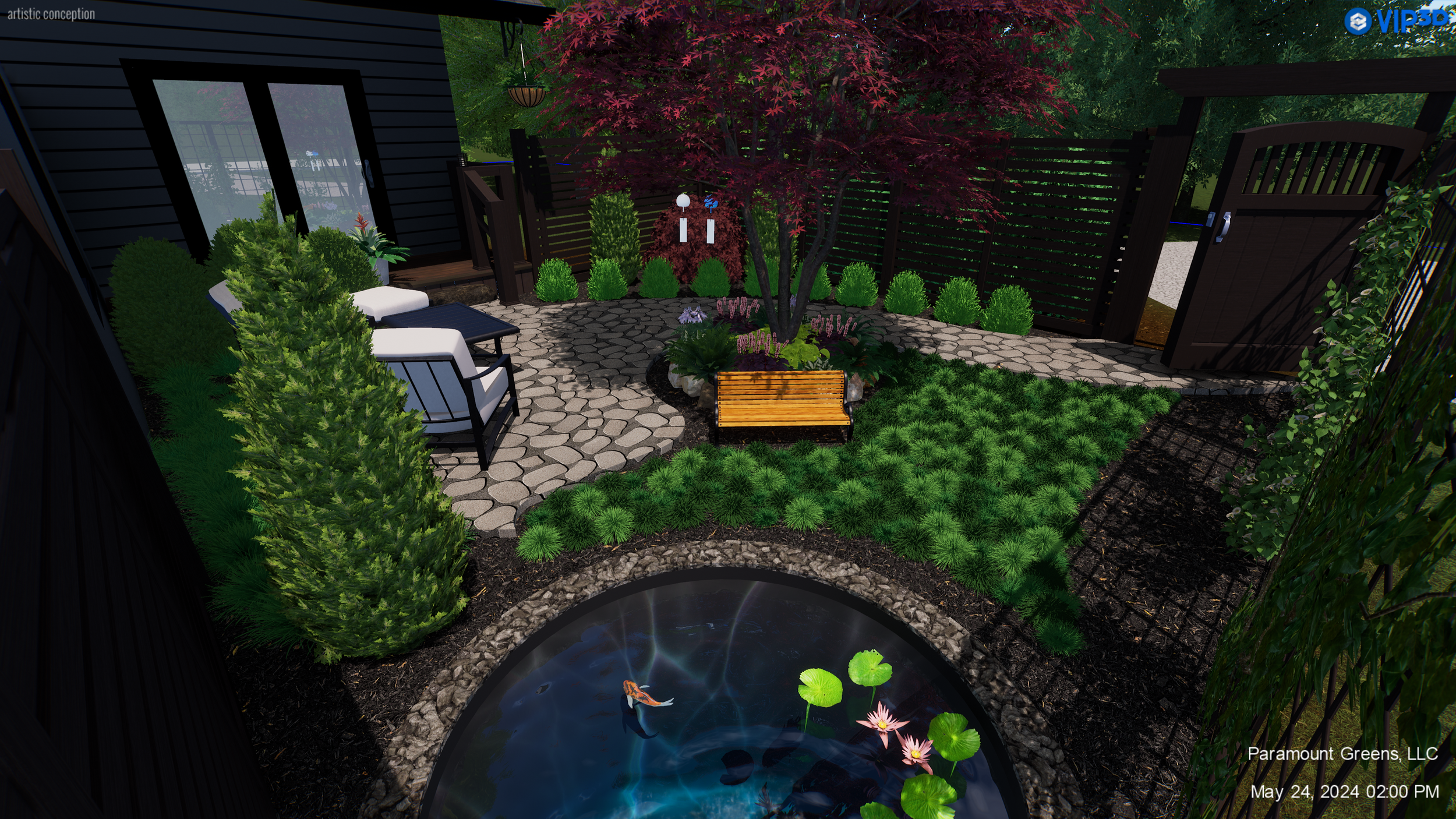 Small backyard pond surrounded by lush plants in Wade Hampton, SC