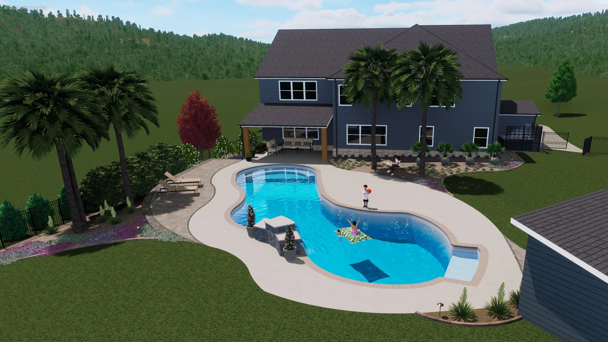 Backyard pool with paver patio and palm trees in Greer, SC