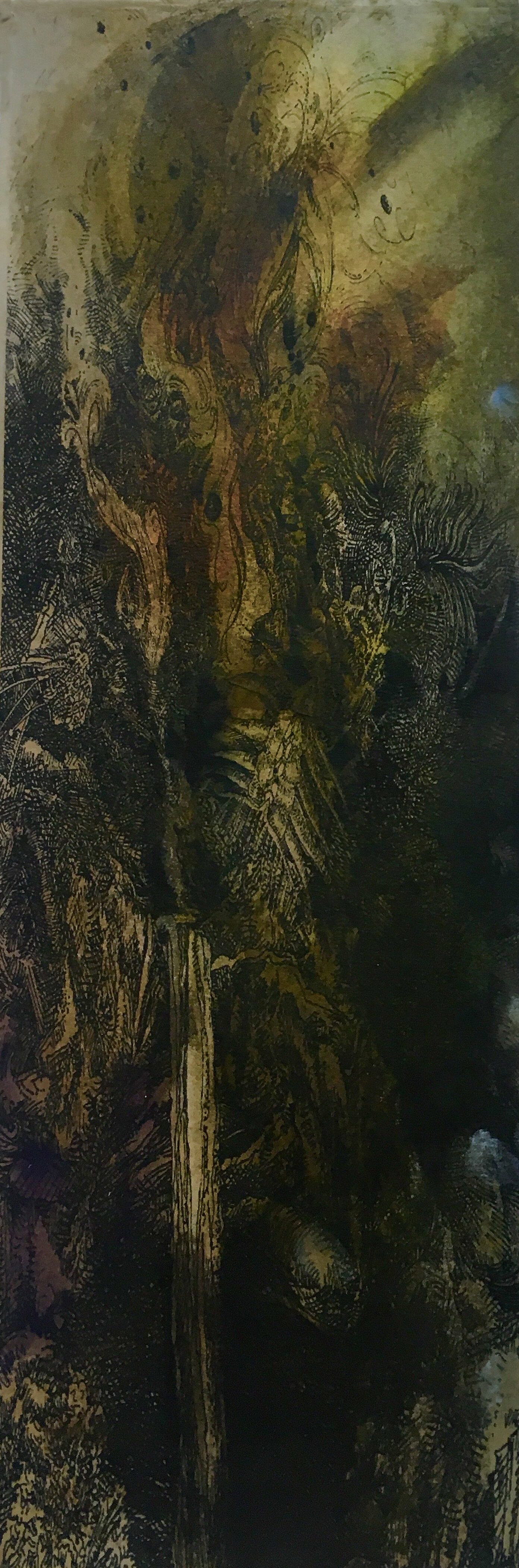   Ellen Wiener . Ash Layer, 2019. &nbsp;Ink, oil, varnish, inkjet&nbsp; on handmade Awagami paper. 8 1/2 x 23 1/2 inches. 