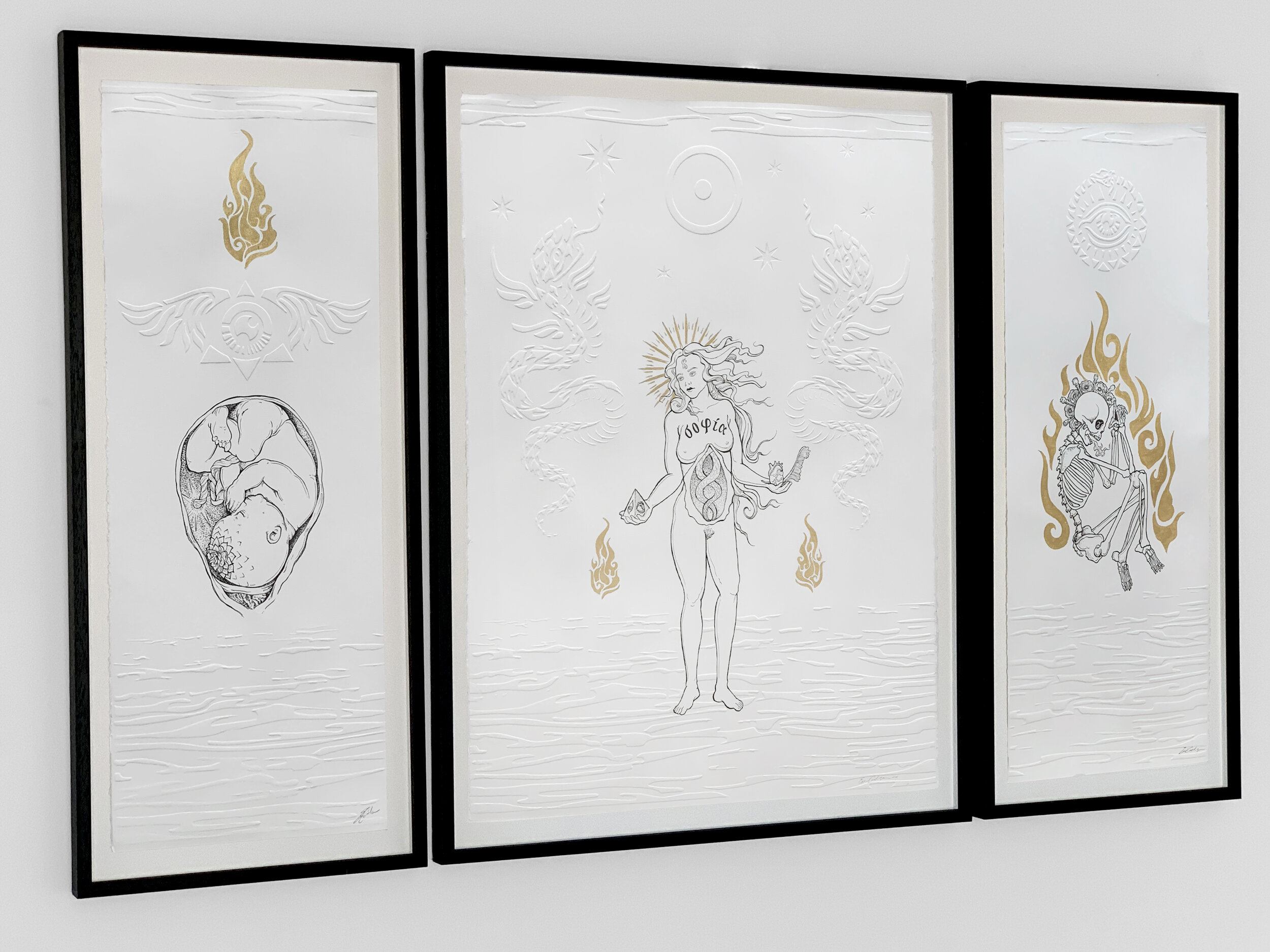   Erin Cadigan.   As Above, So Below , 2020. Ink, 24kt gold leaf, hand embossing &amp; debossing on paper in 3 parts, framed, 34 x 55 inches overall. 