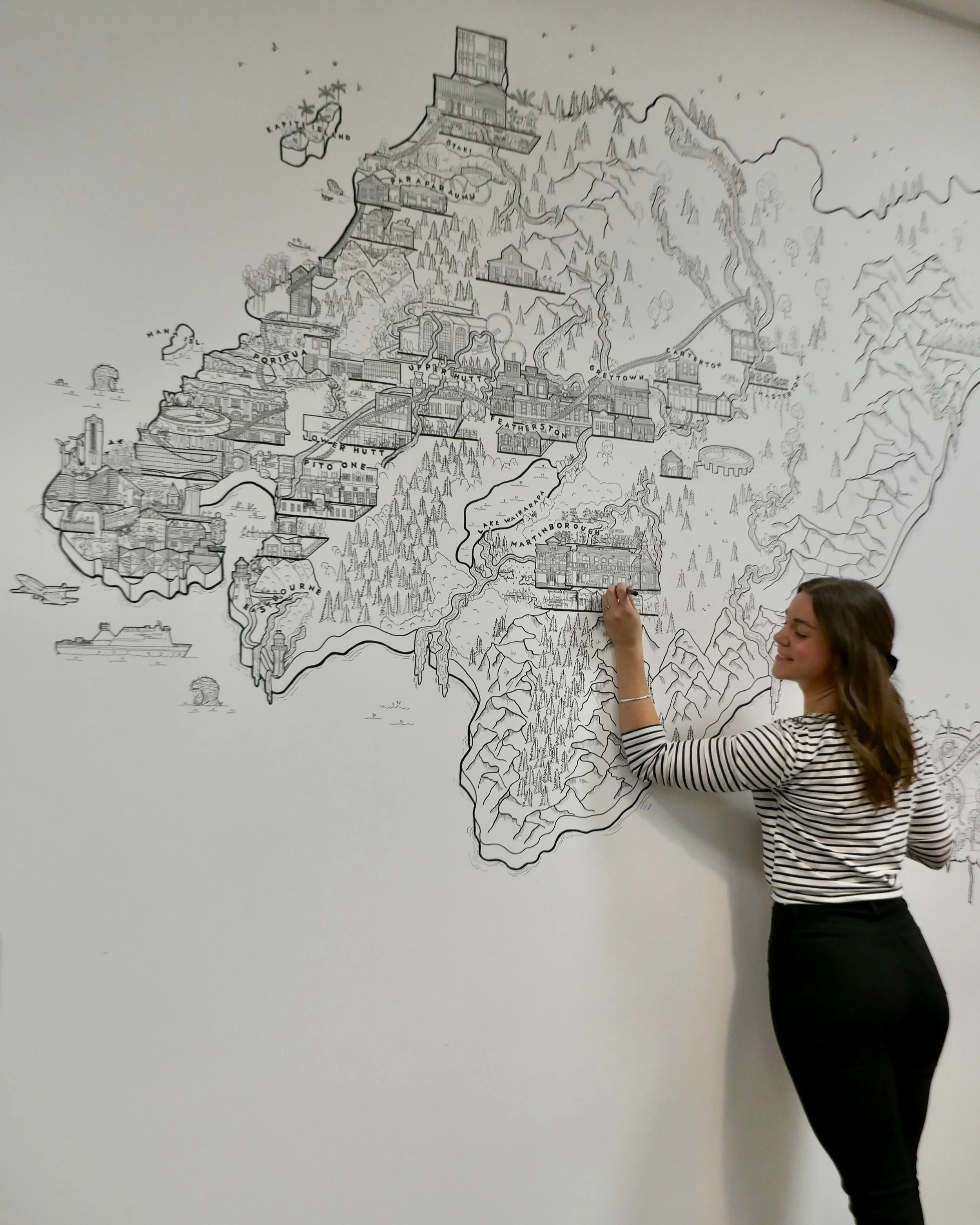 Large Mural - New Zealand - Ellie Compton - Office mural with map of Wellington region and landmarks