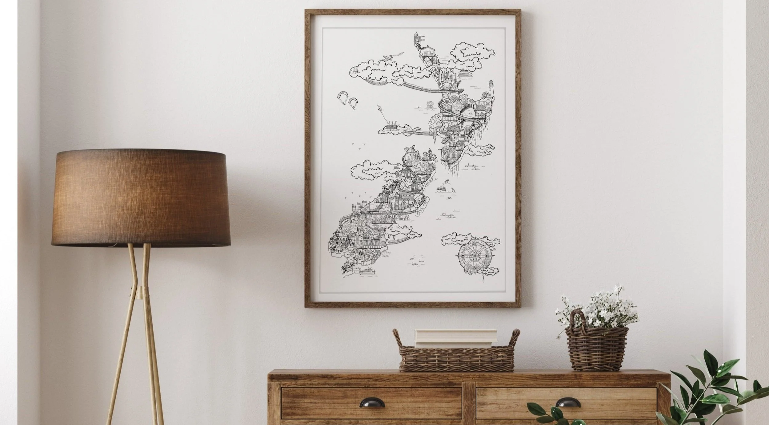 New Zealand map print - limited edition - whimsical - NZ Landmarks