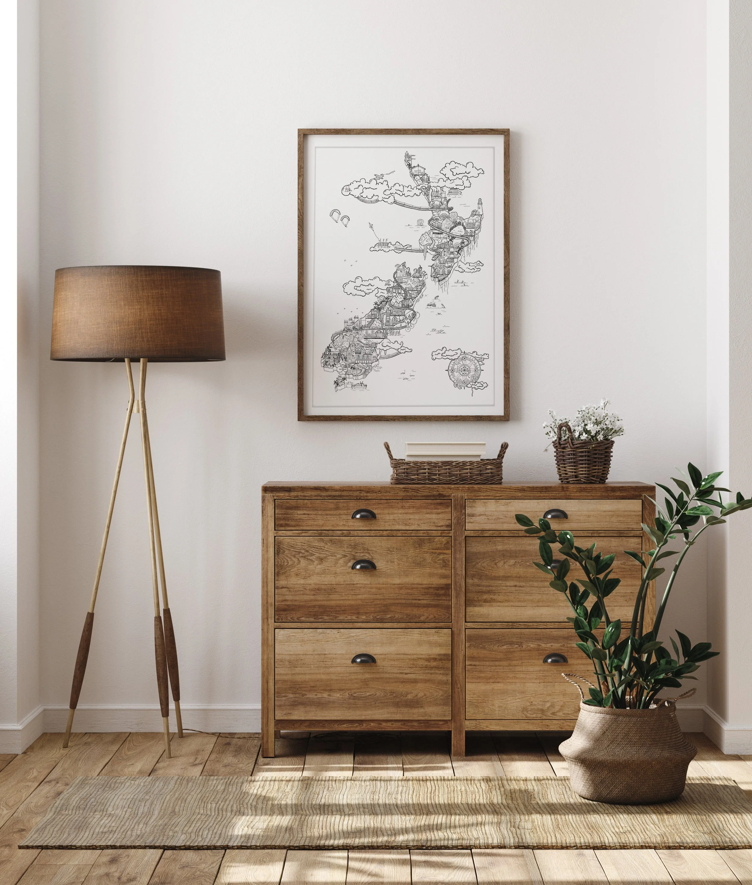 Minimalist interior with wooden furniture. A tall floor lamp stands next to a wooden dresser with multiple drawers. A framed map hangs above the dresser. On the dresser, there are a wicker basket and books. A potted plant sits on the floor next to a woven rug.