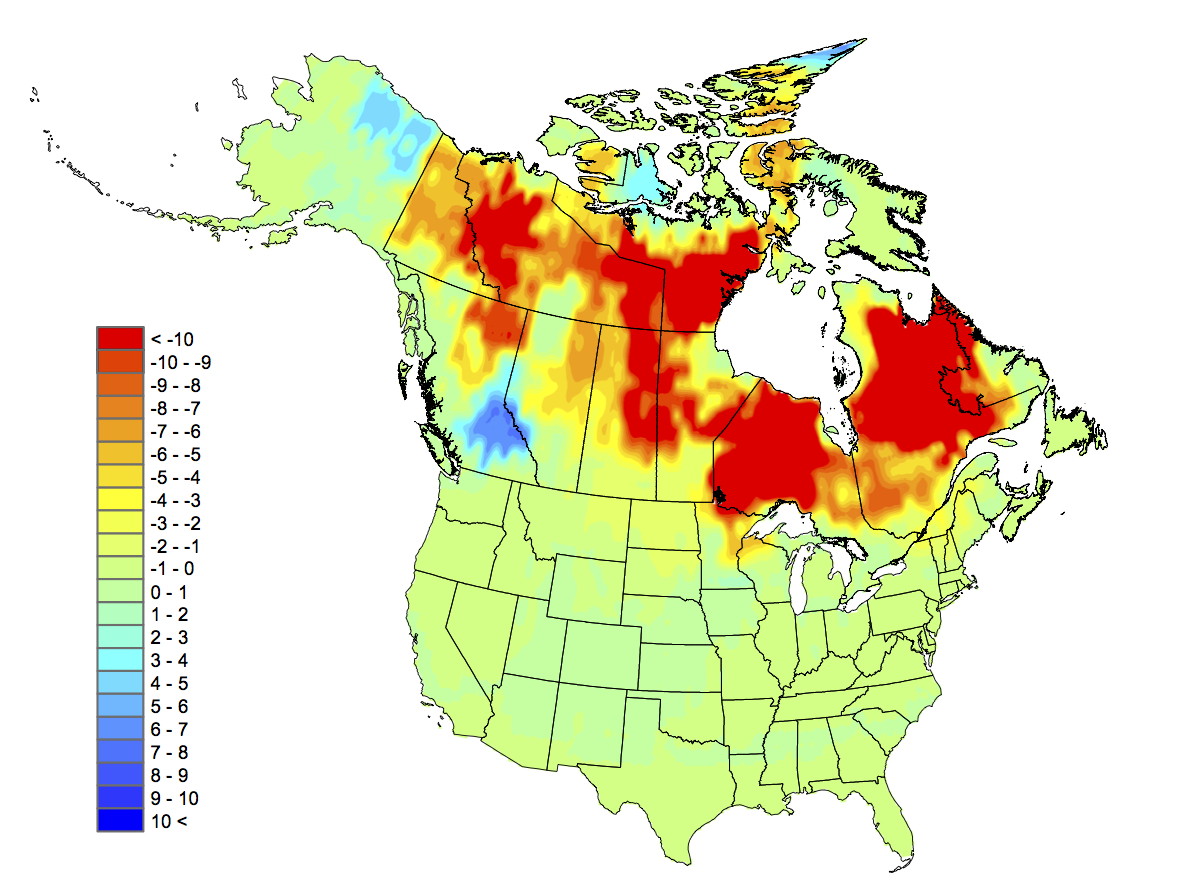 Estimated trend in daily snow depth during the snow season in centimeters per century.