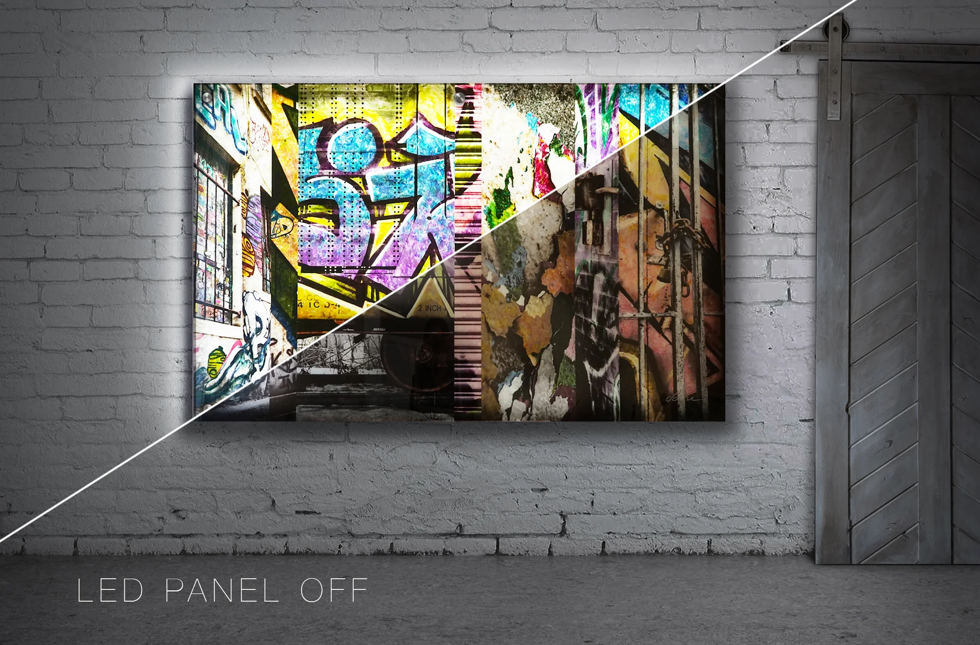 the collective 36 x 72 SOLD Plexiglass with b lack & white photograph and acrylic paint applied to the reverse side . Backlit by custom LED panel with remote control and dimmer. 