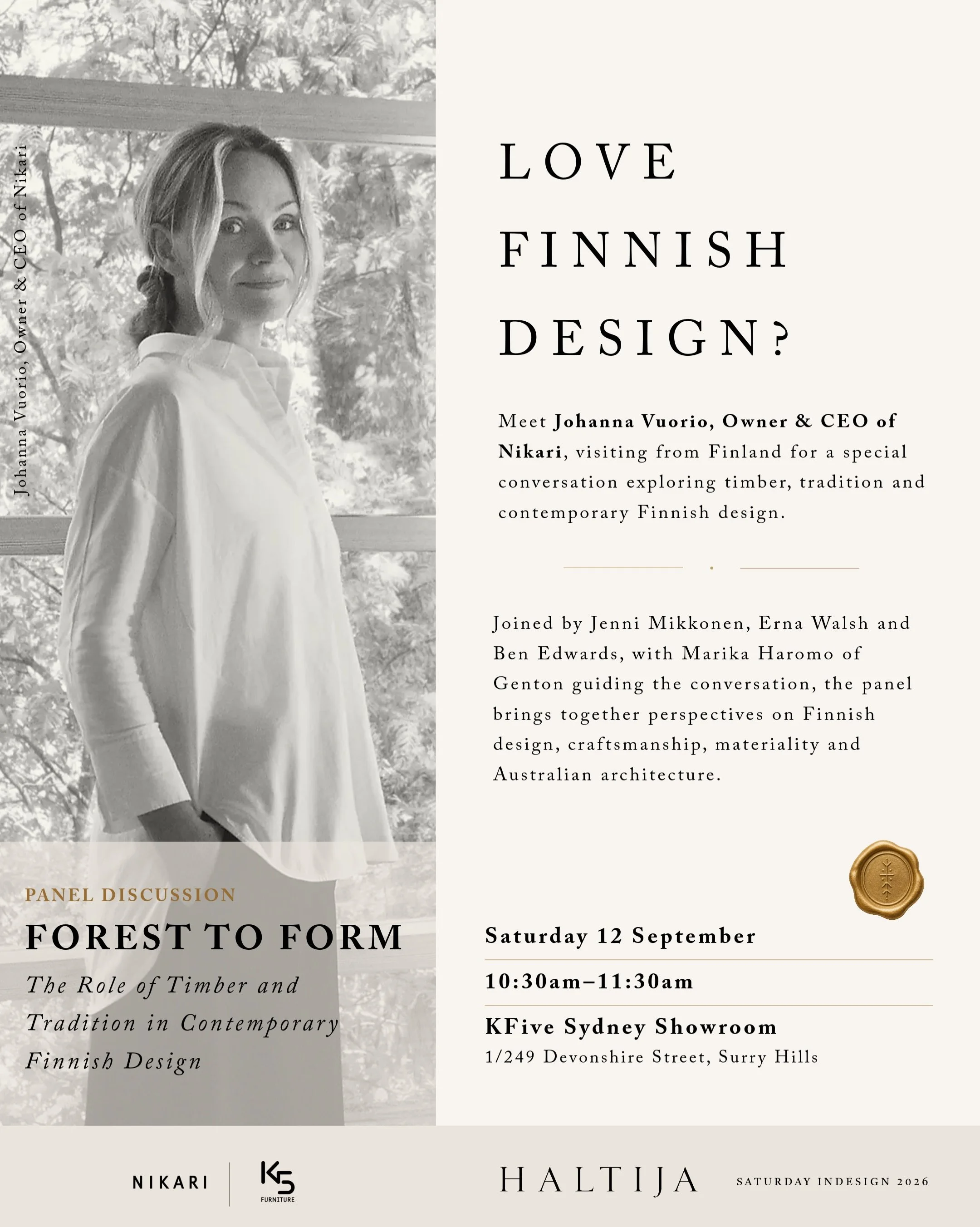 Love Finnish design? This one&rsquo;s for you.

This September, we&rsquo;re welcoming&nbsp;Johanna Vuorio, Owner &amp; CEO of @nikarioy, to Sydney for a special conversation as part of @saturdayindesign.

Joining us from Finland, Johanna will share h
