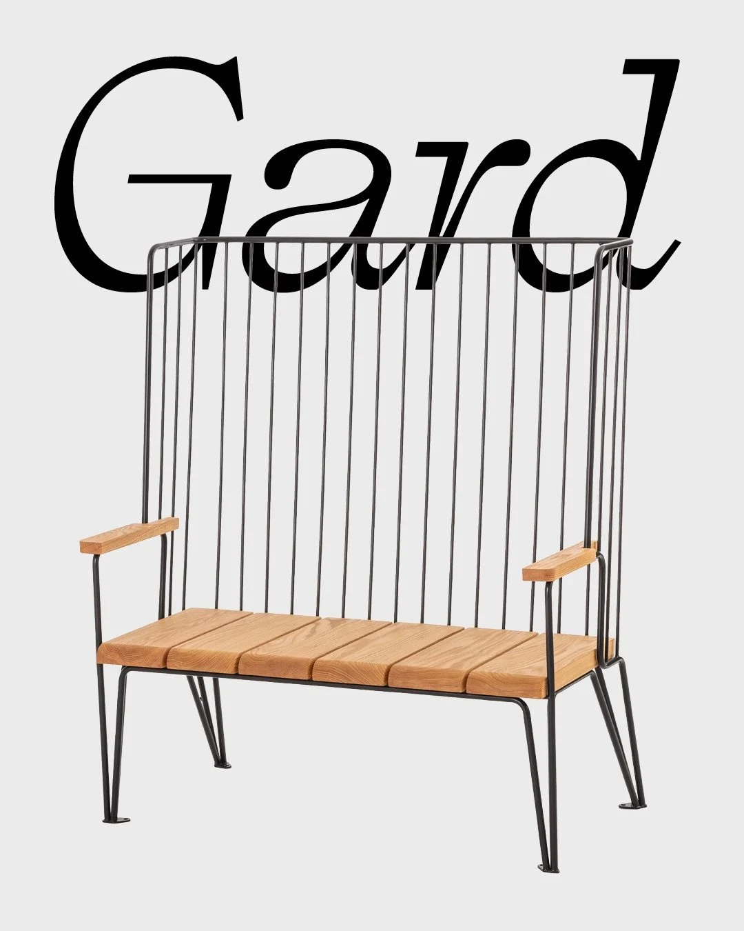Gard Park Bench by @nola_urban_furniture 
Design Odin Sollie

A nod to mid-century furniture, reimagined for contemporary outdoor spaces.

Inspired by classic wire furniture, Gard brings together a tall, open backrest, a graphic steel frame and the w