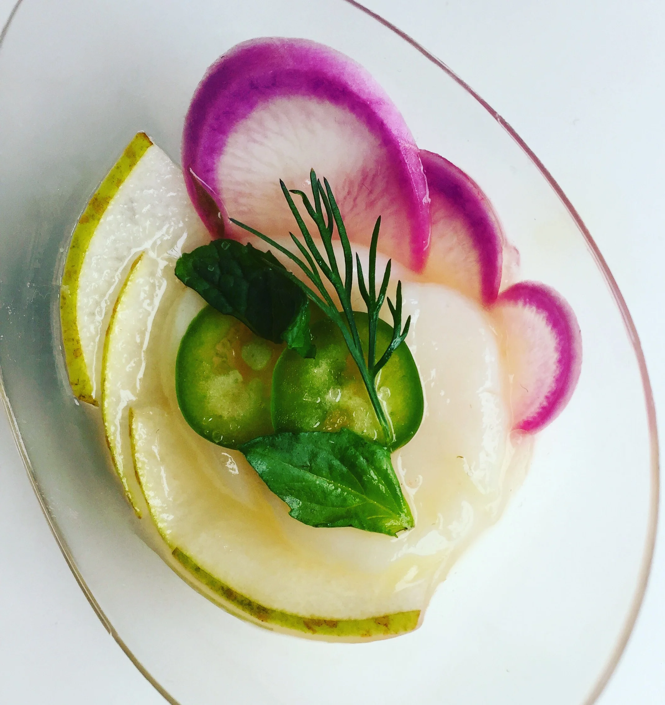 Citrus Scallop Crudo w/ Asian Pear, Purple Radish, Jalapeño & Herbs