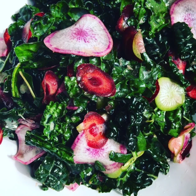 Marinated Tuscan Kale Salad w/ Shaved Radish & Carrots