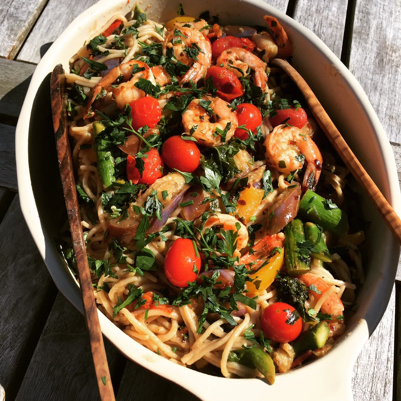 Gluten free brown rice quinoa pasta w/ spring veggies & grilled shrimp