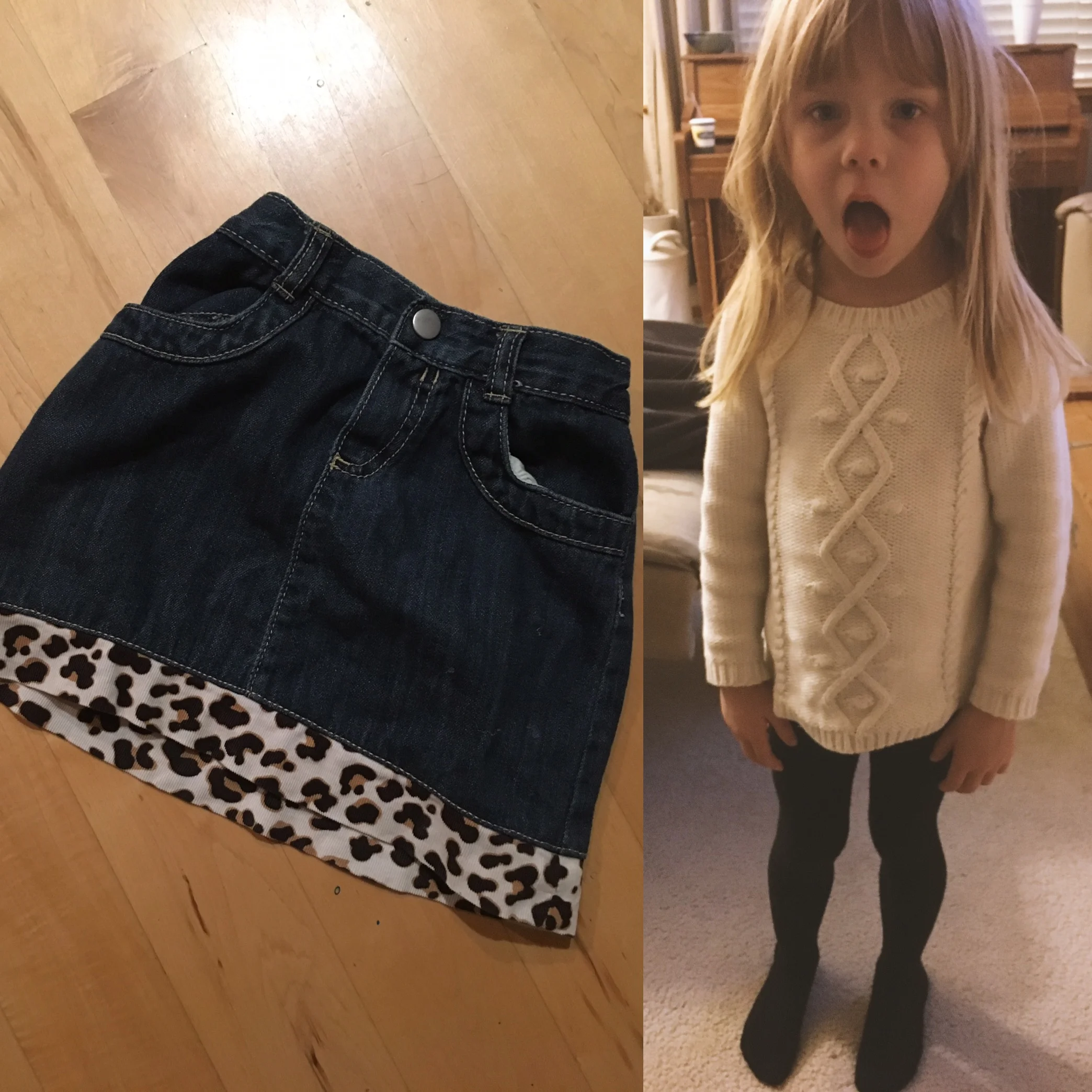 photo on left is of the returned skirt - on the right, the evening she came home sans skirt