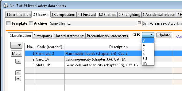 GHS selector (drop-down menu)