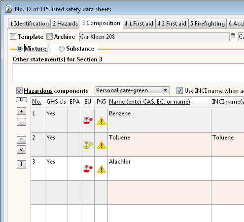 Prop. 65 (“P65”) warning column, Component table, “3 Composition” tab on the SDS entry form.
