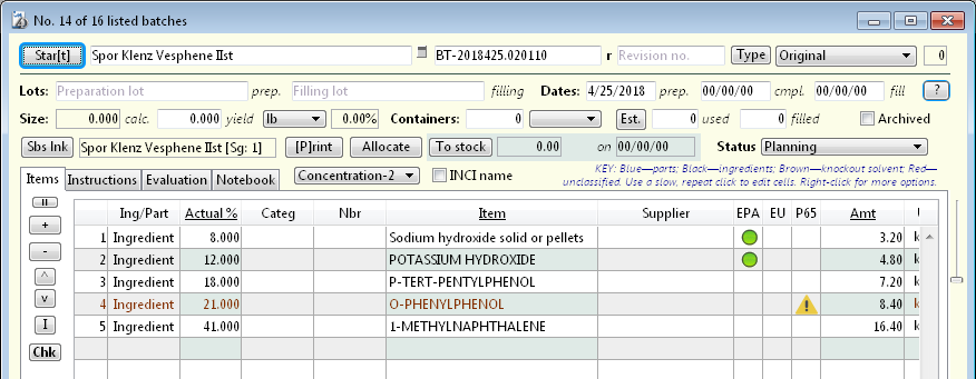 Prop. 65 (“P65”) warning column, Batch item table, “Items” tab on the Batch entry form.