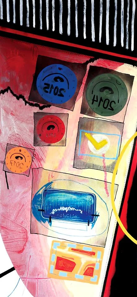 "Car inspection stickers", 2017, Oil, industrial paint, oil pastels, spray paint, markers and pencils on canvas, 186X86 cm Photograph: Kobi Bachar