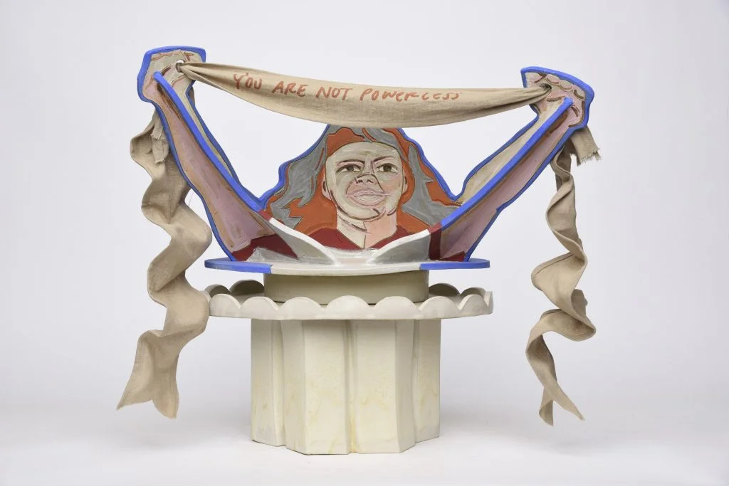 Hello Youth! , 2018, Stoneware, linen, underglaze & glaze, 14 x 29 x 22 1/4 in (35.6 x 73.7 x 56.5 cm), BZ18.003