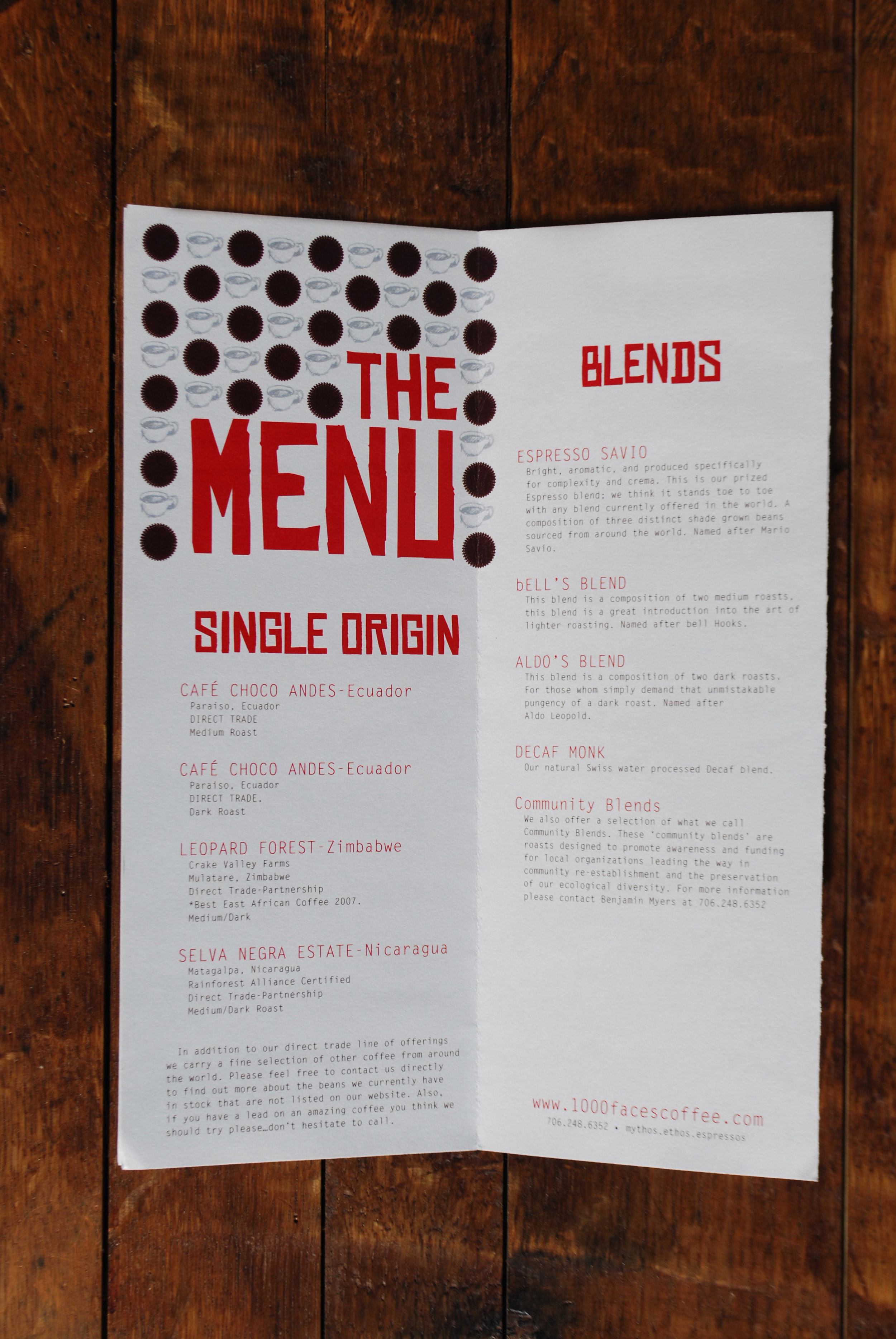 interior gate fold, menu + manifesto, 1000 faces coffee