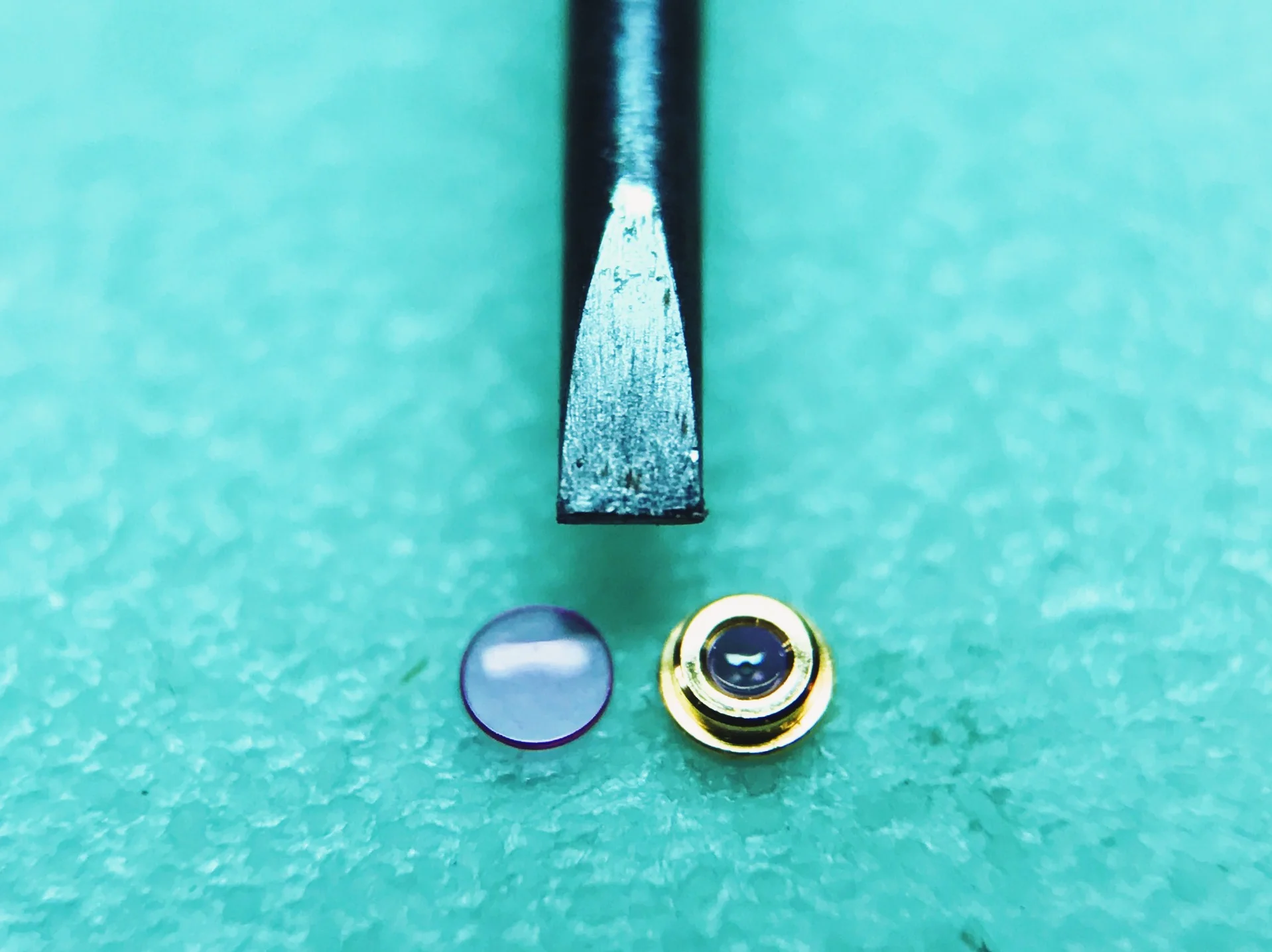 An ETA 2824's upper balance jewels, disassembled and next to a 1.00 mm screwdriver blade for scale.
