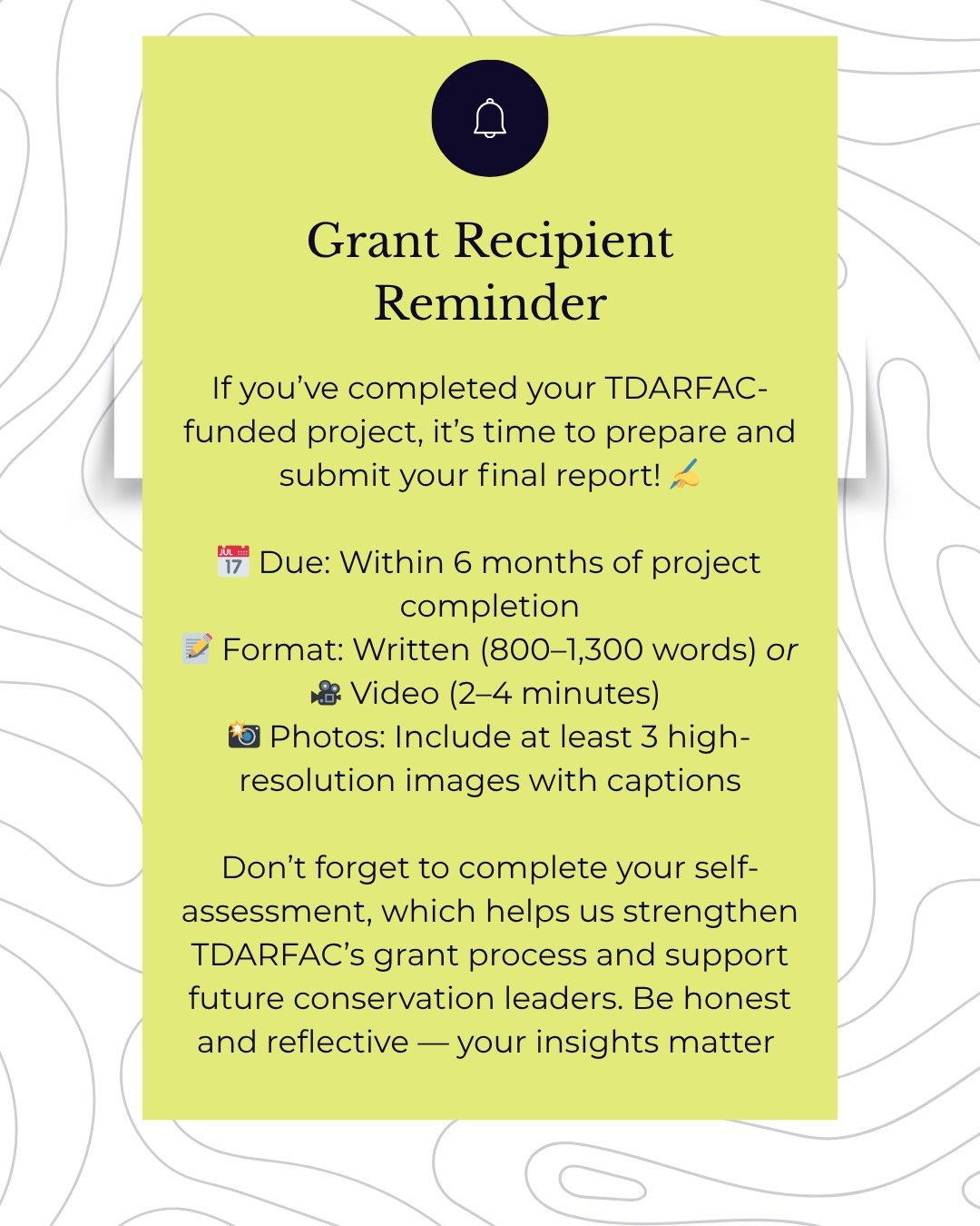 If you&rsquo;ve completed your TDARFAC-funded project, it&rsquo;s time to prepare and submit your final report! ✍️

📅 Due: Within 6 months of project completion
📝 Format: Written (800&ndash;1,300 words) or 🎥 Video (2&ndash;4 minutes) &mdash; video