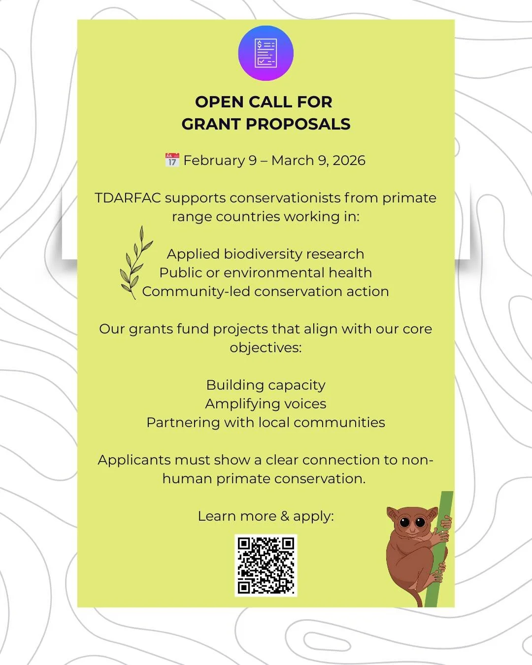 2026 Grant Cycle Opens Next Month!

We support conservationists from primate range countries working in:
🧪 Applied biodiversity research
🩺 Public or environmental health
🌱 Community-led conservation

Our grants strengthen conservation through:
1️⃣