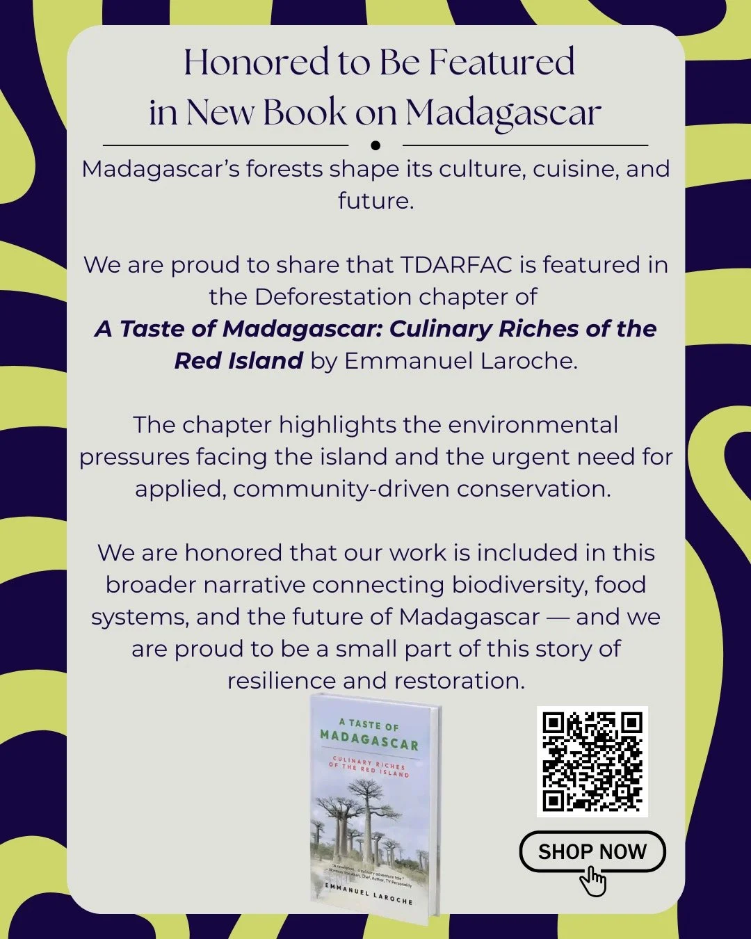 So special to see TDARFAC featured in the Deforestation chapter of A Taste of Madagascar: Culinary Riches of the Red Island by Emmanuel Laroche. 

The book beautifully captures the complexity of Madagascar and ties food culture so thoughtfully to con