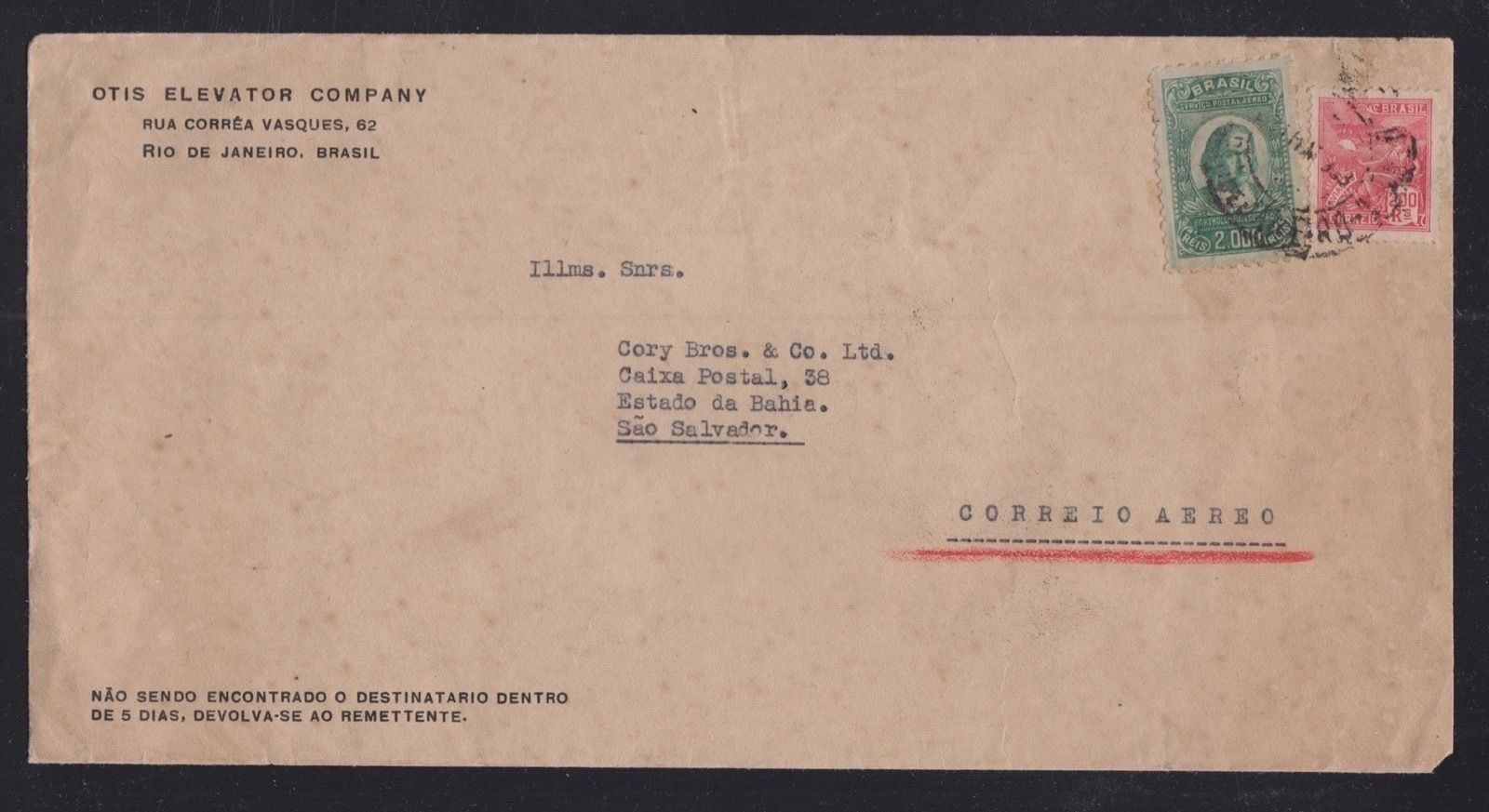 BRAZIL 1933 OTIS ELEVATOR INTERNAL AIRMAIL COVER RIO TO BAHIA SAO SALVADOR.jpg