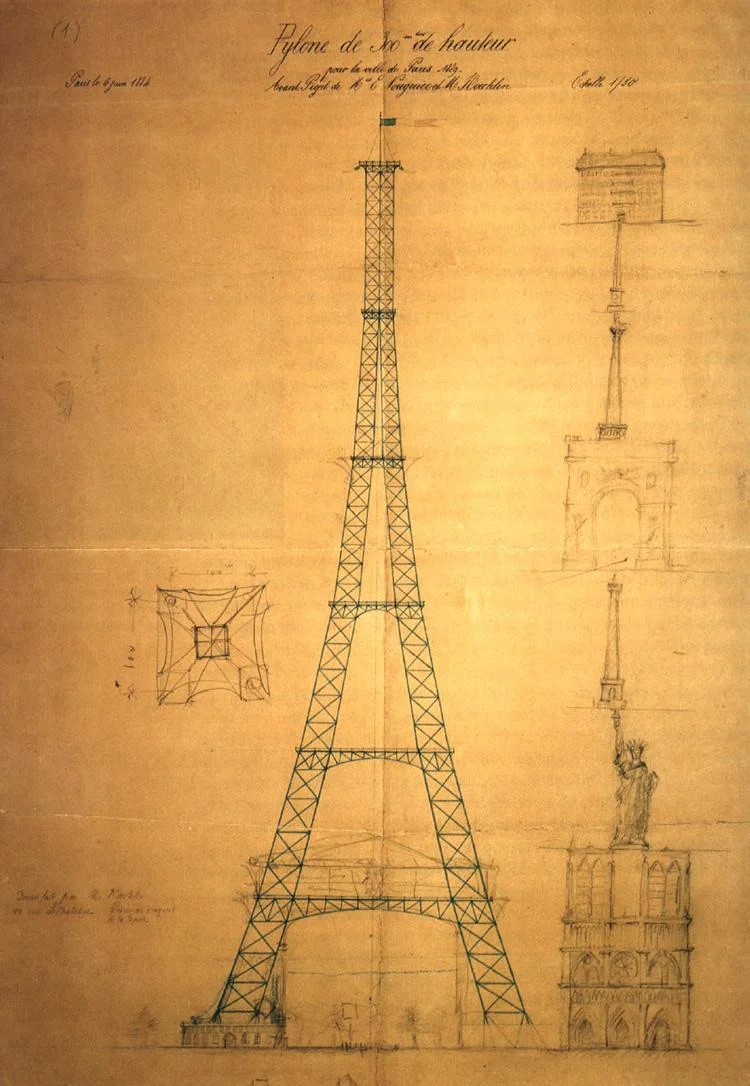 First drawing of the Eiffel Tower by Maurice Koechlin including size comparison with other Parisian landmarks such as Notre Dame de Paris , the Statue of Liberty and the Vendôme Column