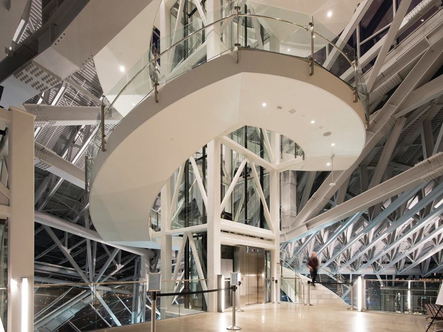 Central staircase in the atrium, viewed at night