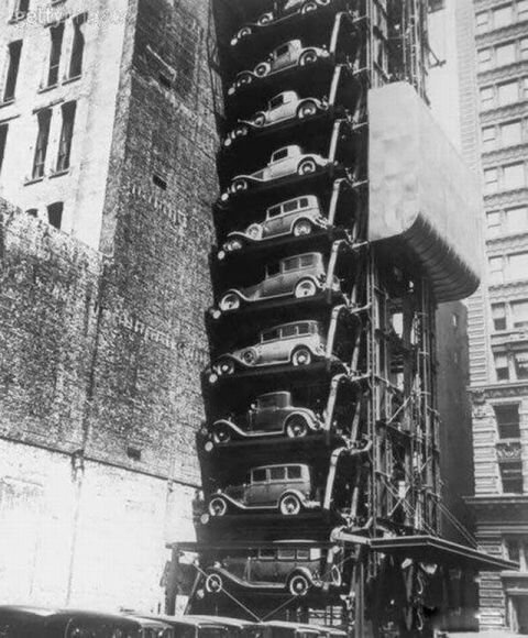 c. 1920  An elevator parking lot in New York. 