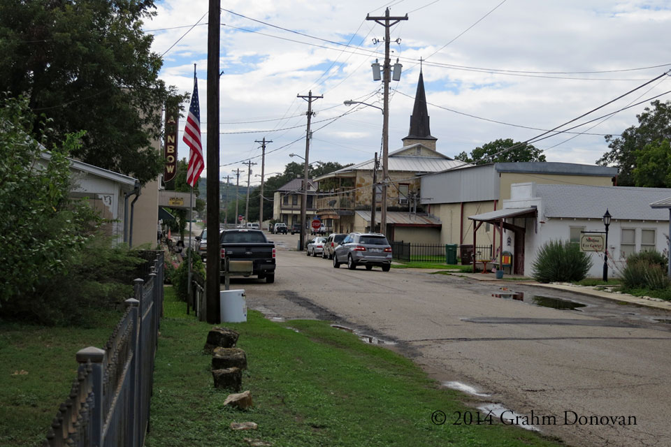  The site of the gas station from  Race with the Devil  (1975), as seen in February 2014  The RV is seen driving to the station with the church spire in the background 