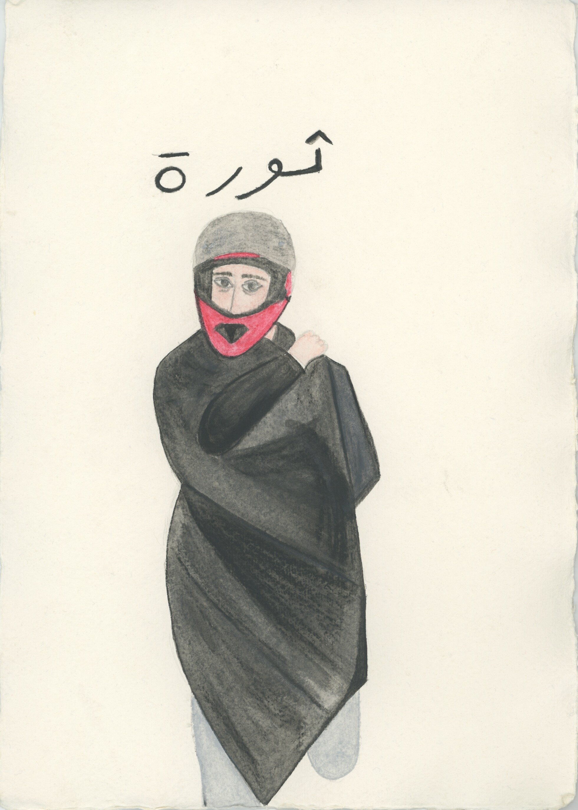 Woman with a red motorcycle helmet covered with a garbage bag, 25.5 x 30 cm, 2019