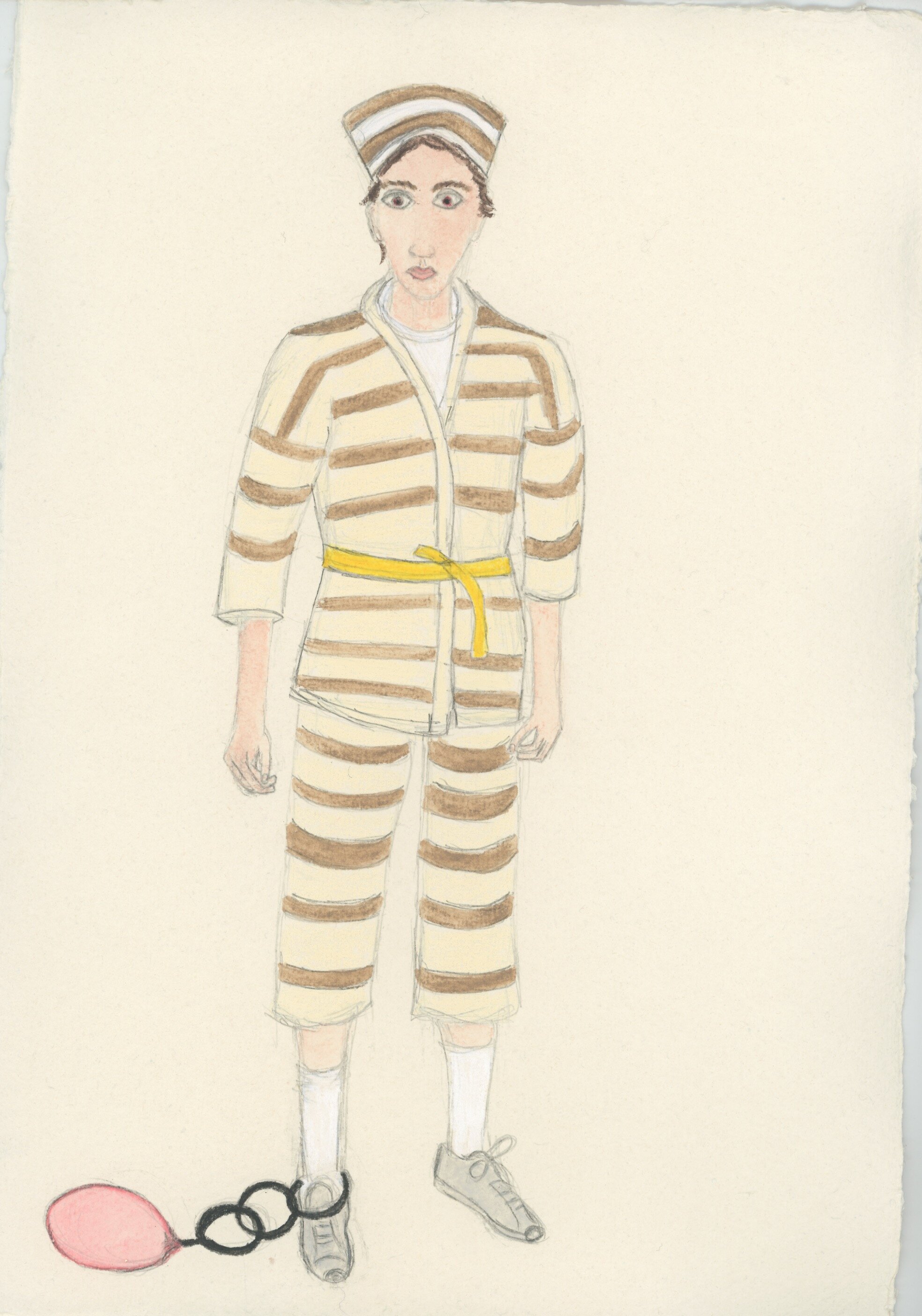 Young girl in her too short judo uniform disguised as a prisoner, 25.5 x 30 cm, 2019