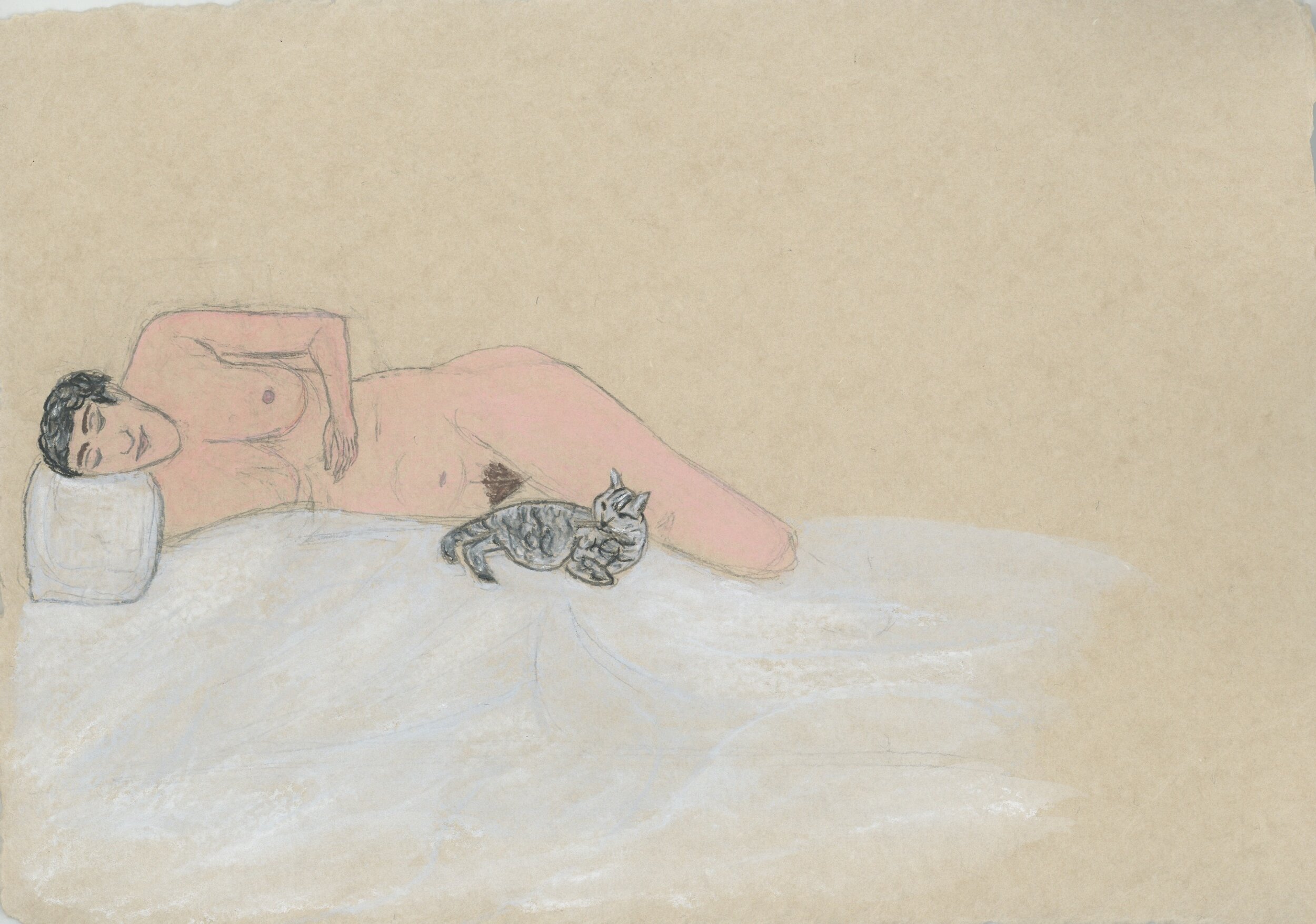 Naked woman lying on a bed with a cat, 30 x&nbsp;25.5&nbsp;cm, 2019