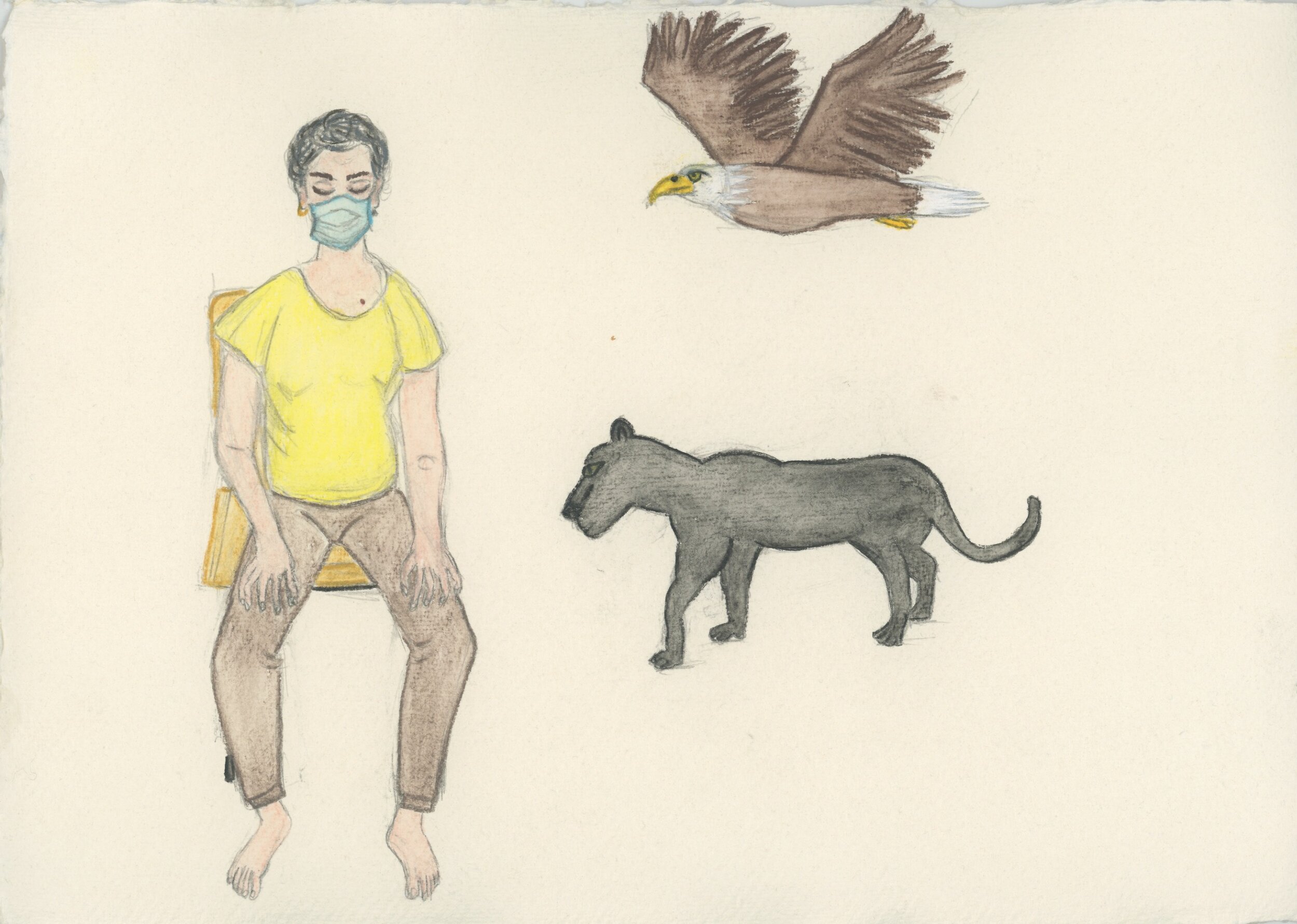 Woman sitting her eyes closed with a black panther and an eagle, 30 x&nbsp;25.5&nbsp;cm, 2019  