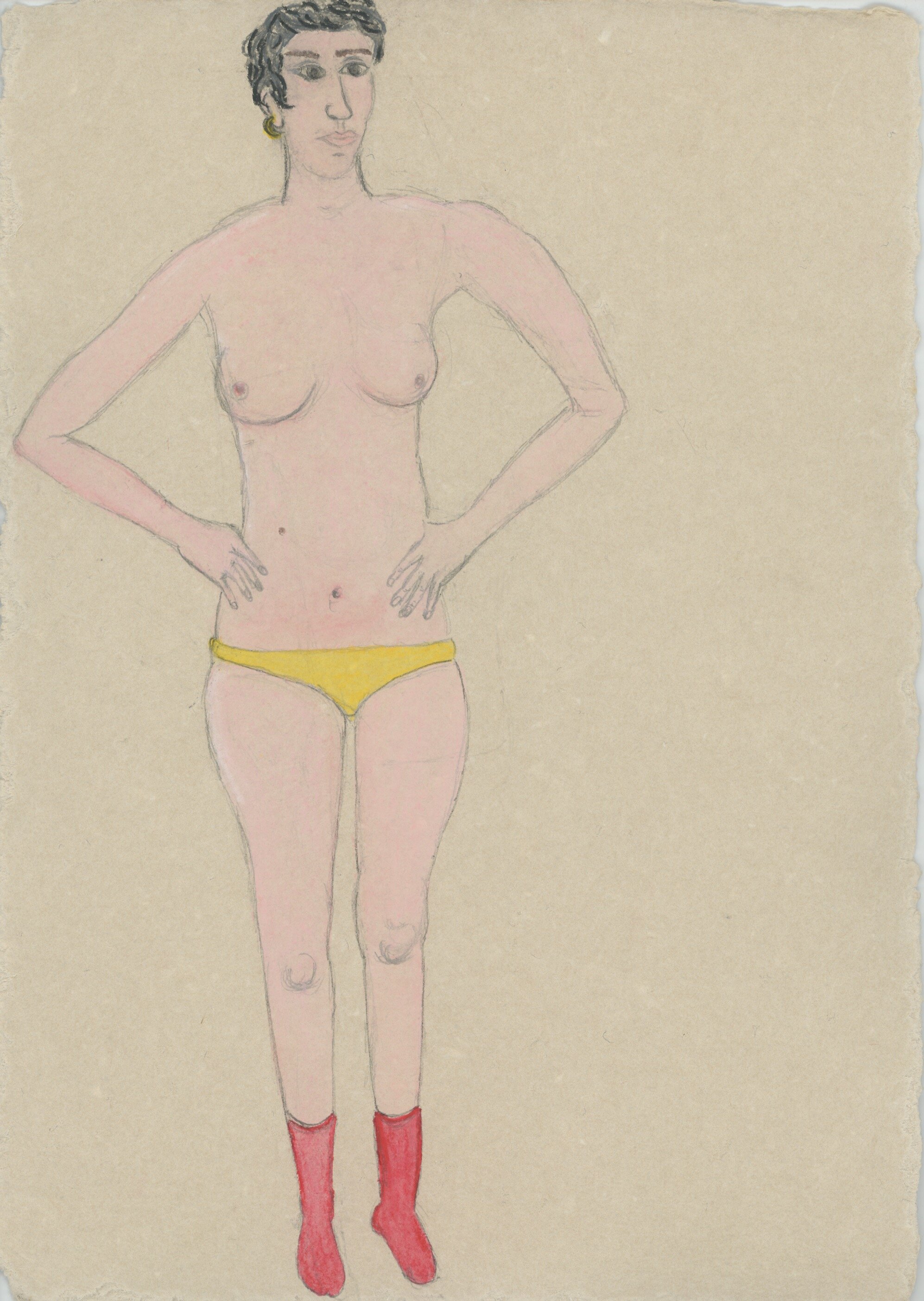 Half-naked woman with red socks and yellow panties, 25.5 x 30 cm, 2019