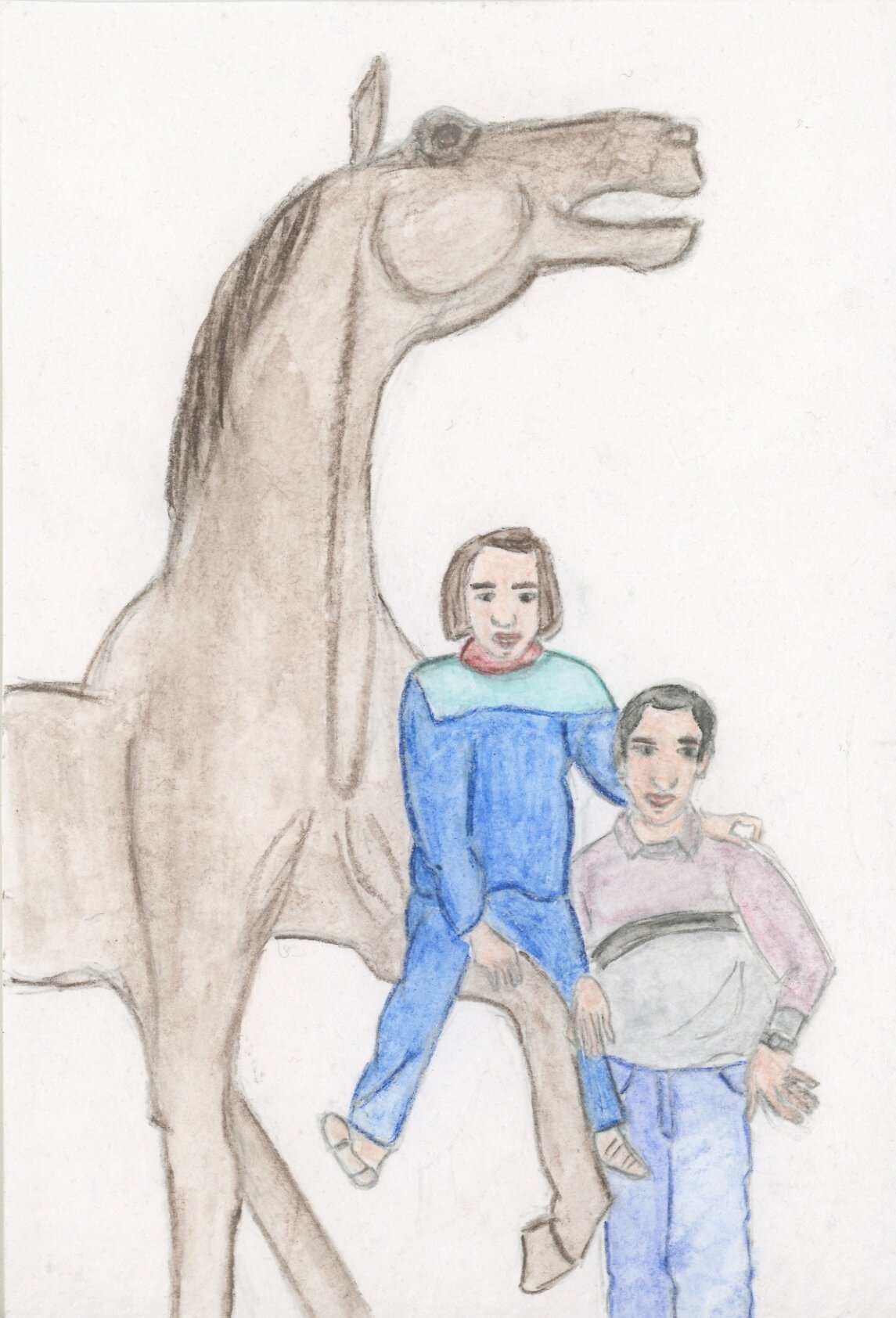 Little girl posing with her brother on a horse sculpture in a public garden,12.7 x 17.8 cm, 2021 