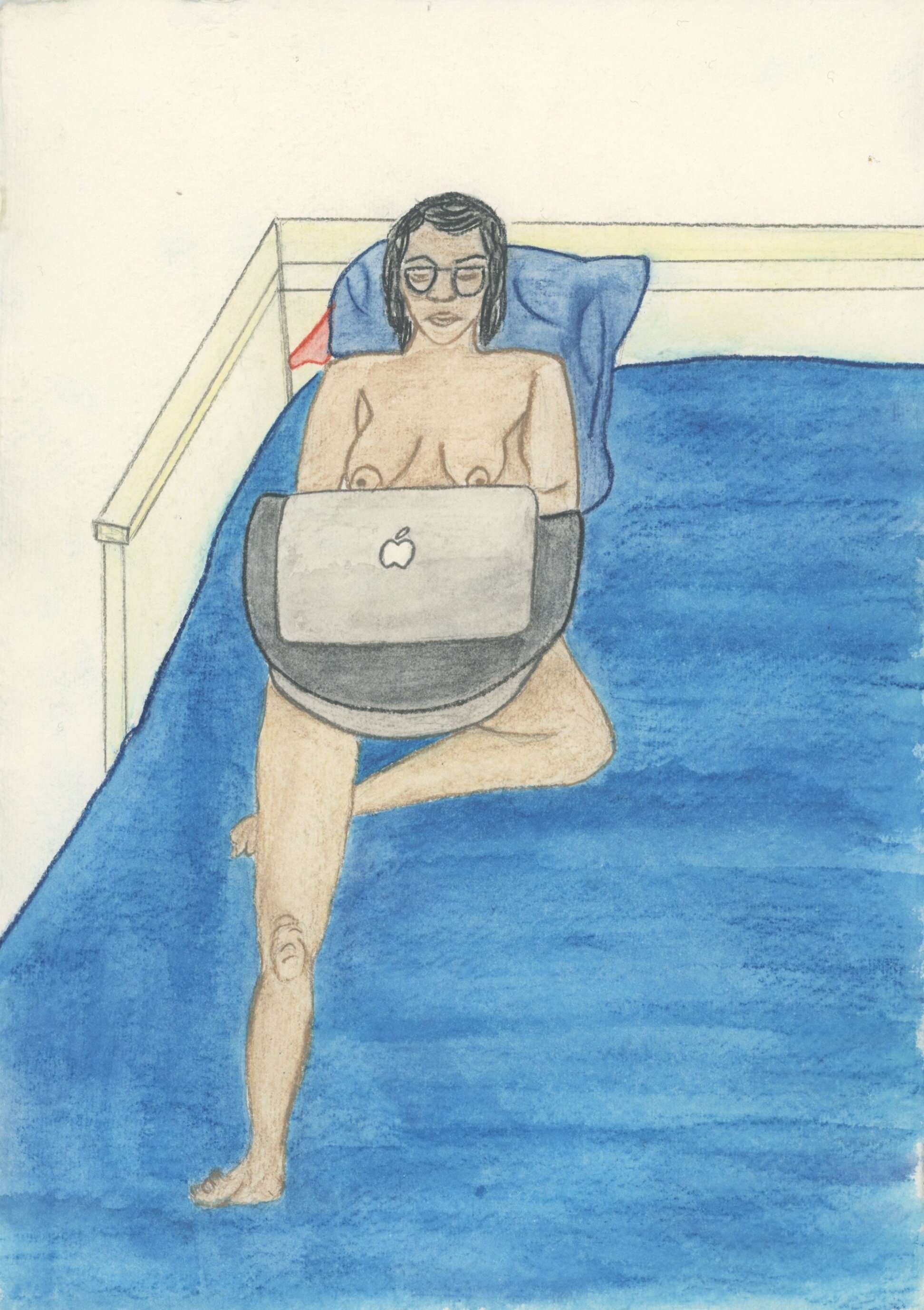 Naked women on a bed with her computer, 25.5 x 30 cm, 2019 