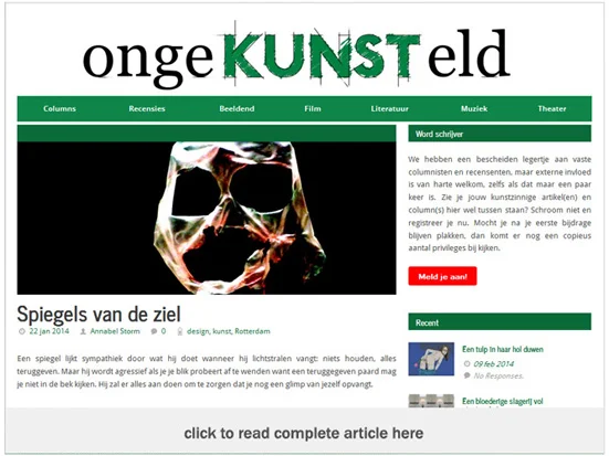 The online Dutch art publication ongeKunsteld wrote about the use of mirrors in art and design with special mention of ‘Rotterdam Told by People’. The project is analyzed by comparison to the mirror installations of Anish Kapoor, ‘Cloud Gate’ and ‘Sky Mirror’, into a critical debate entitled ‘Spiegels van de ziel’ (eng. ‘Mirrors of the Soul’). 